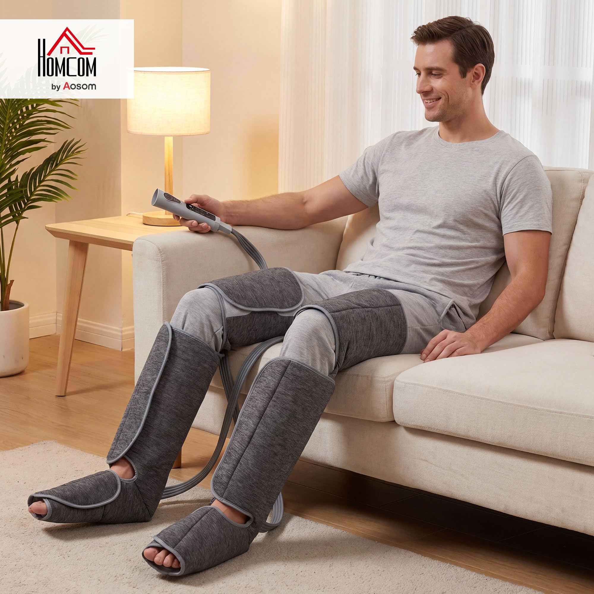 HOMCOM Masseur de jambes, masseur de compression pour les mollets, les genoux, les pieds avec chaleur, 3 modes automatiques, 3 intensités, soulage circulation/douleur, cadeau hommes/femmes