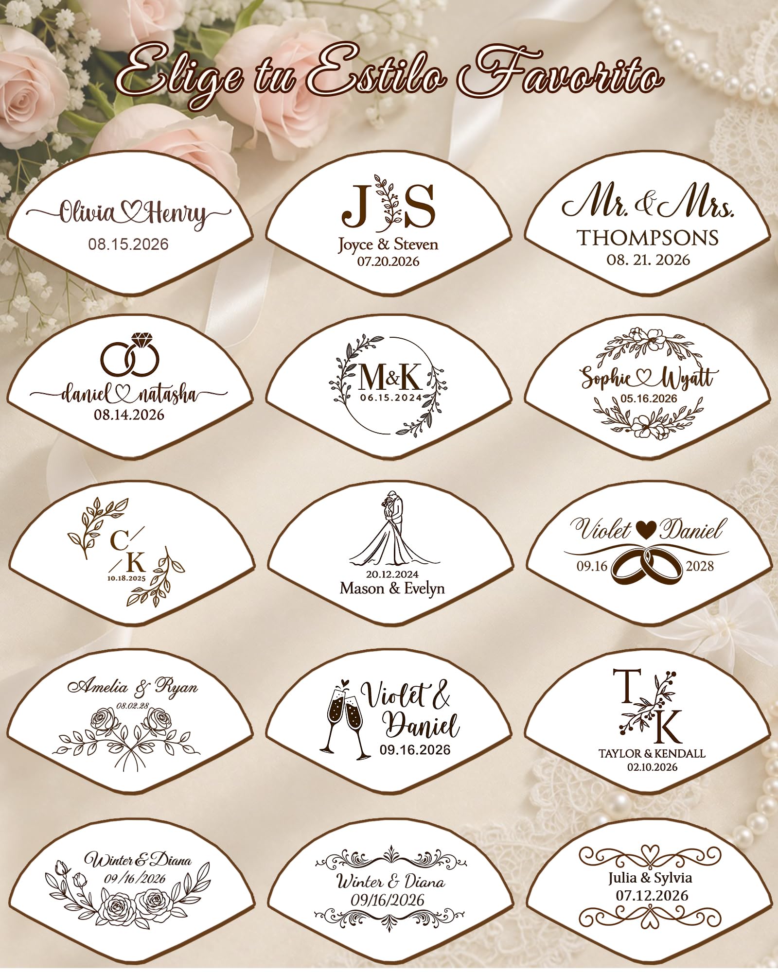 Abanicos Personalizados de Madera para Bodas – Abanico Boda Personalizado con Texto/Diseño Grabado/Bolsa de Organza y Borla, Detalles Boda para Invitados, Eventos y Decoración (50Pcs)