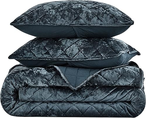 Miniatura 9 de Chezmoi Collection Lux Storm - Juego de edredón de terciopelo azul tormenta, 3 piezas geométricas para todas las estaciones, edredón ligero, manta