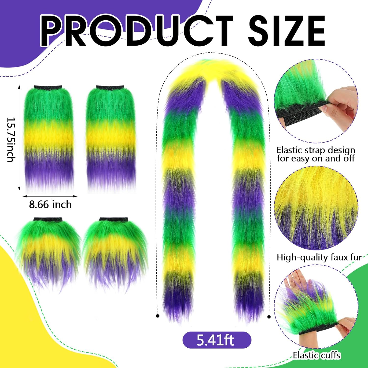 5 Pcs Mardi Gras Furry Leg Warmers Set for Women Include Fuzzy Boa and Fur Wrist Cuffs Mardi Gras Costume Accessories Unisex for Holiday Carnival Party Masquerade Costume Outfit - Image 2