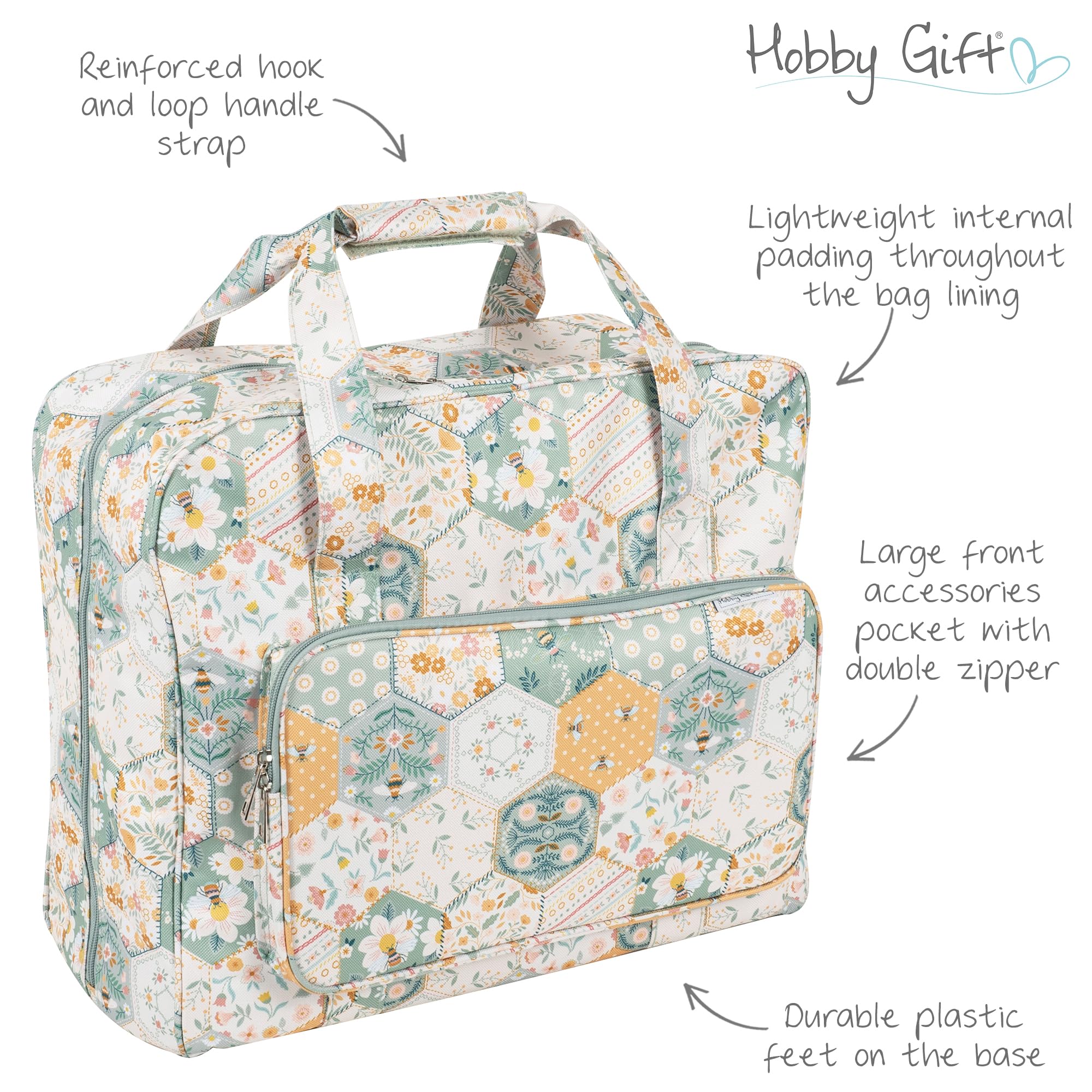 Hobby Gift Bolsa para máquina de Coser, diseño contemporáneo de Patchwork de Abejas, asa Reforzada, Bolsillo Delantero, protección para Guardar y Transportar, 20 x 44 x 38 cm