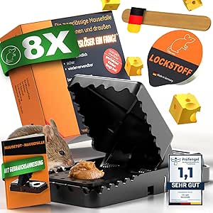 Fairfield Mausefalle [8er Set] – Tierschutzgerechte Profi Mausefalle Schlagfalle + giftfreies Anlockmittel - Sofort startklar & Wiederverwendbare Mäusefalle - für Haus & Garten