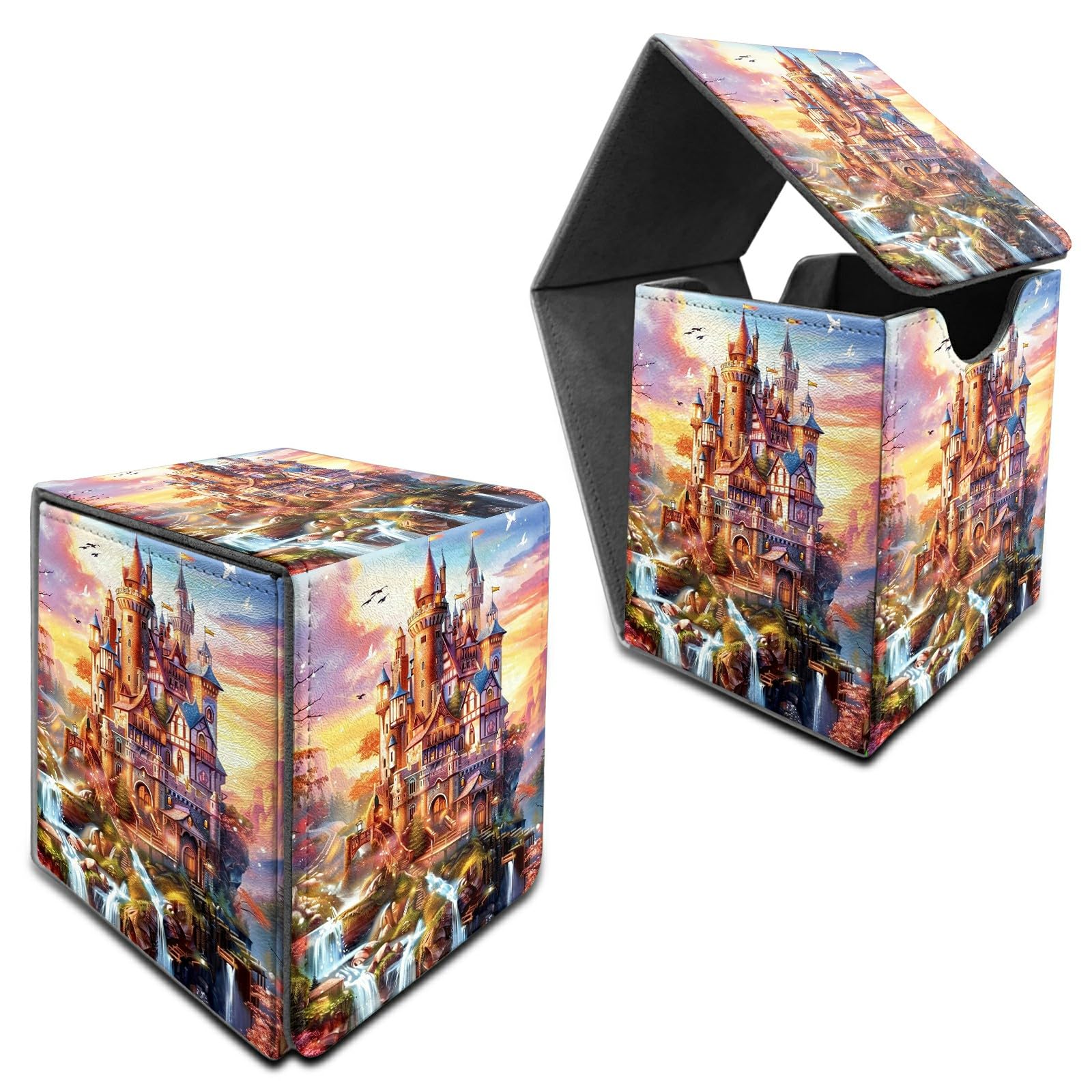 RWUTYTIUL for MTG Commander Deck Box, Card Storage Box Fits 100+ Sleeved Cards, PU Leather Large Size Strong Magnet Card Deck Case Holder for Board Game Magic MTG TCG CCG, Sunset Castle