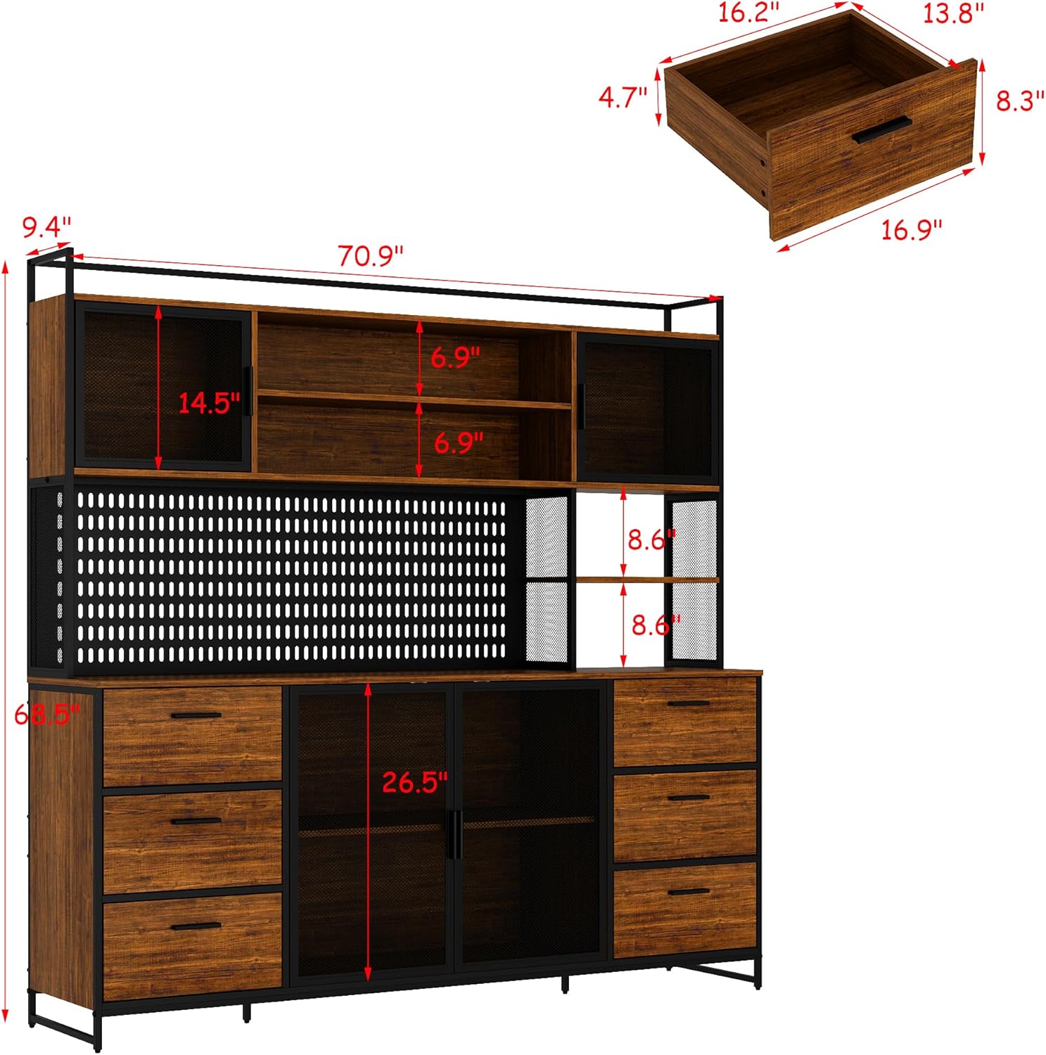WOODTIME 70.9" W Kitchen Pantry Cabinet with Hutch, Pegboard & Microwave Stand, Large Cupboard Storage Cabinet with 6 Drawers, 4 Metal Mesh Doors & Open Shelves for Kitchen Dining Room, Black & Brown