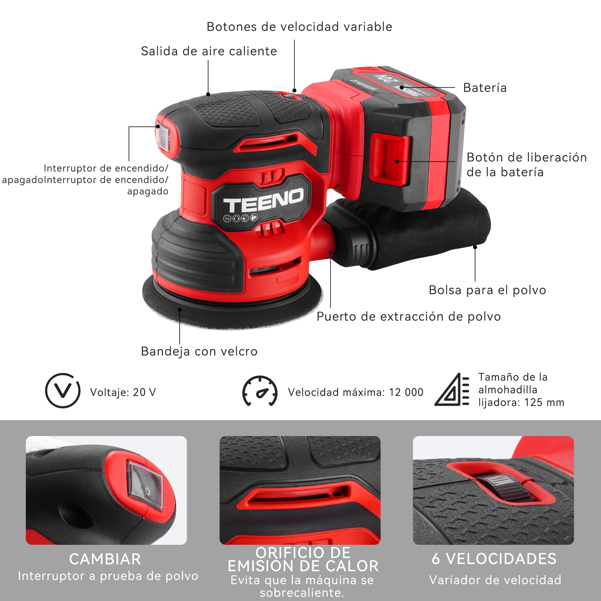TEENO Lijadora Excéntrica a Batería 4A,Lijadora Orbital 20V,6000-12000 rpm | Diámetro: 125 mm,6 Velocidades,25 Papeles de Vidrio