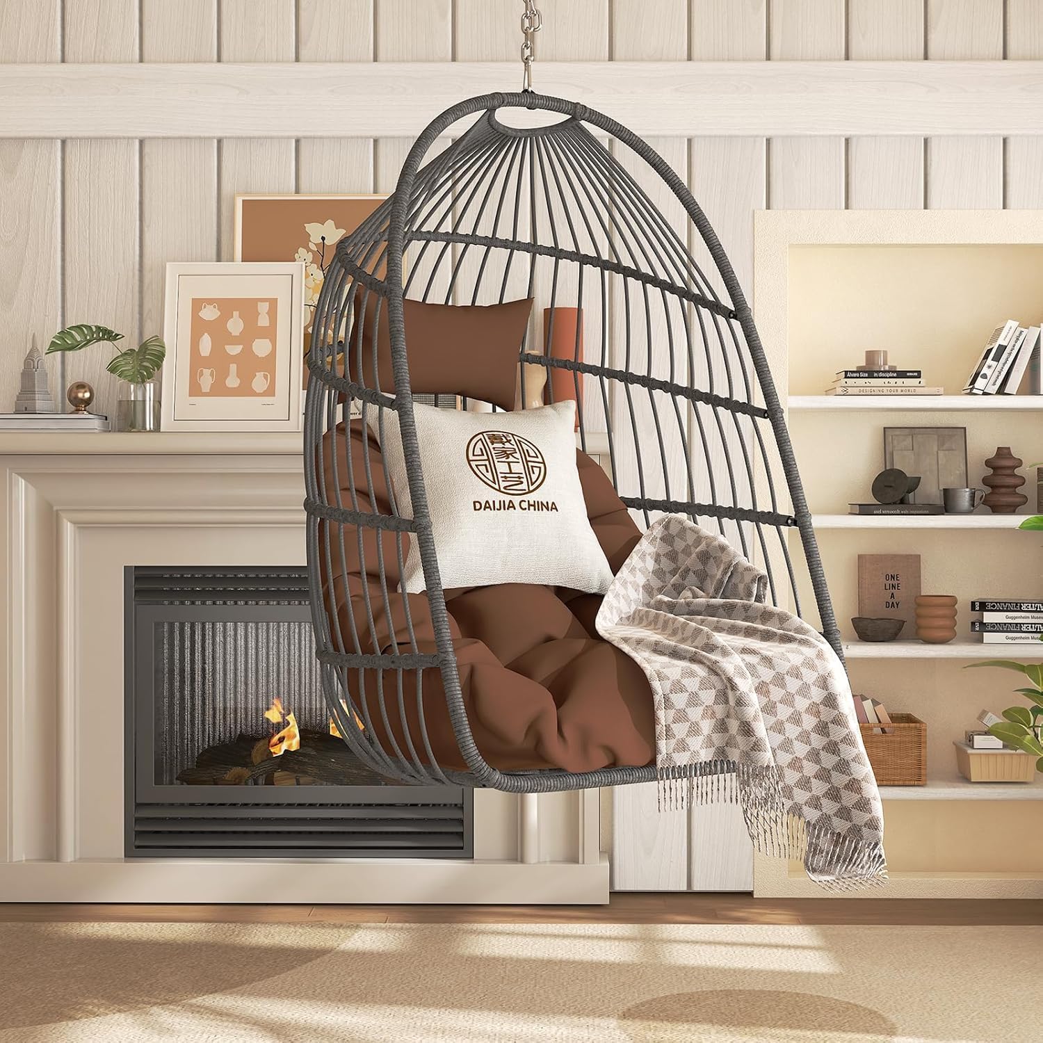 Hanging Egg Chair Without Stand, HDPE Rattan Foldable Swing Chair with Pillow, Aluminum Frame & UV Resistant Cushion for Indoor Outdoor Bedroom Garden, 350Lbs Capacity (Brown)