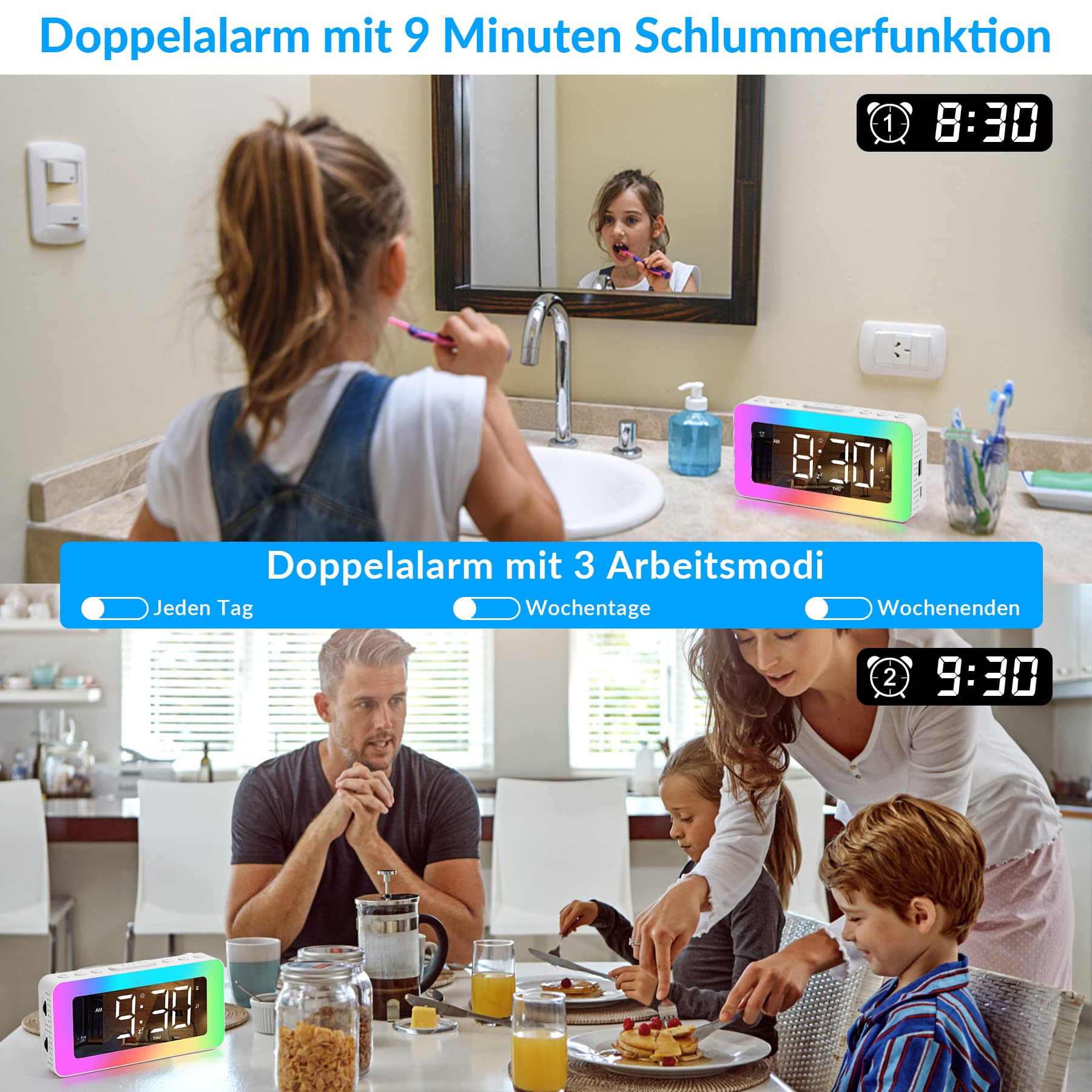 Sveglia digitale,sveglia colorata RGB per camera da letto,doppio allarme con giorni della settimana/fine settimana,porta di ricarica USB,snooze,extra rumore,orologio a specchio regolabile per bambini