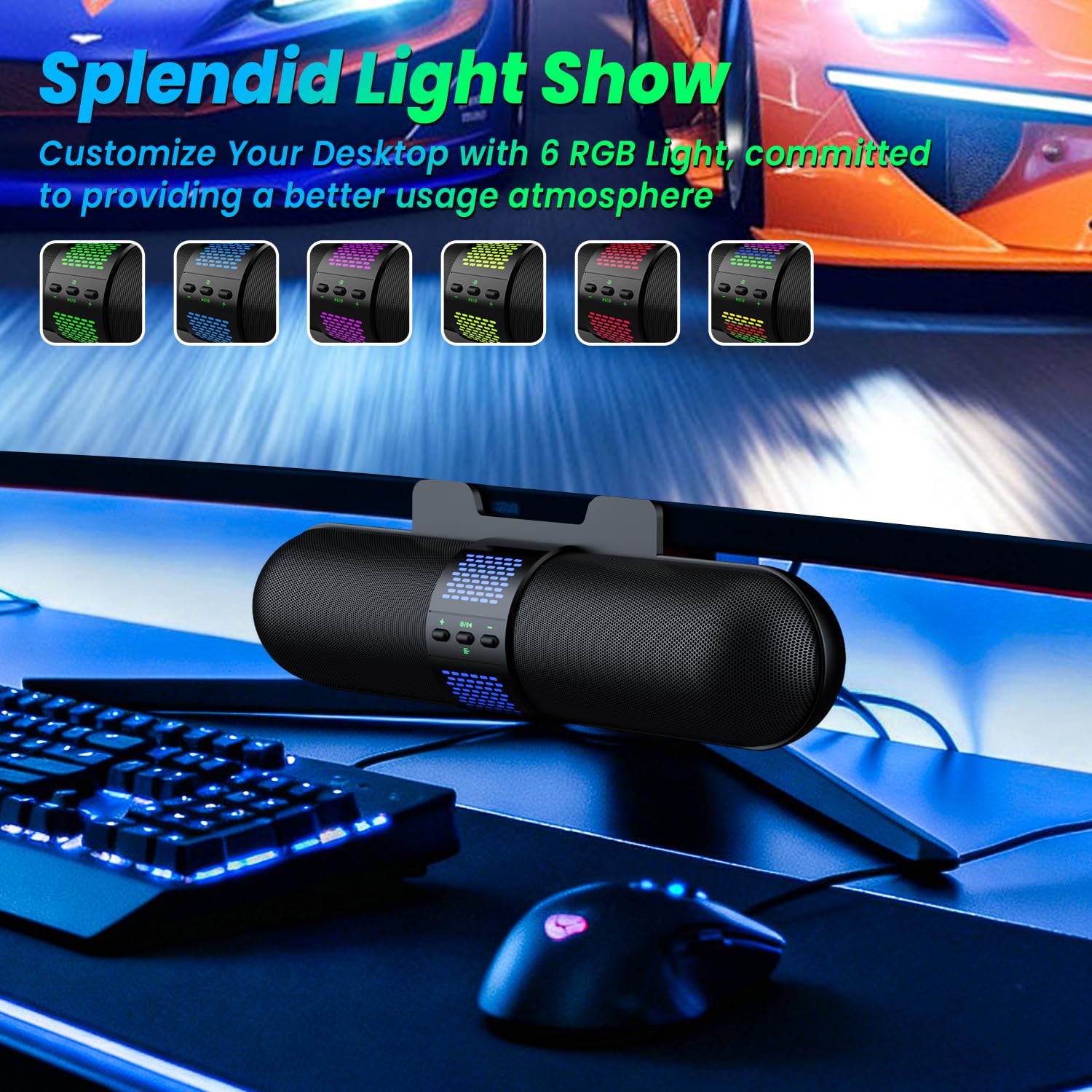 BESTISAN Altoparlante per computer, connessione USB A/C Bluetooth 5.3/cablata, 6 modalità di luce RGB, soundbar da gioco per PC/laptop/desktop, adattatore USB A/C, suono forte, si attacca facilmente