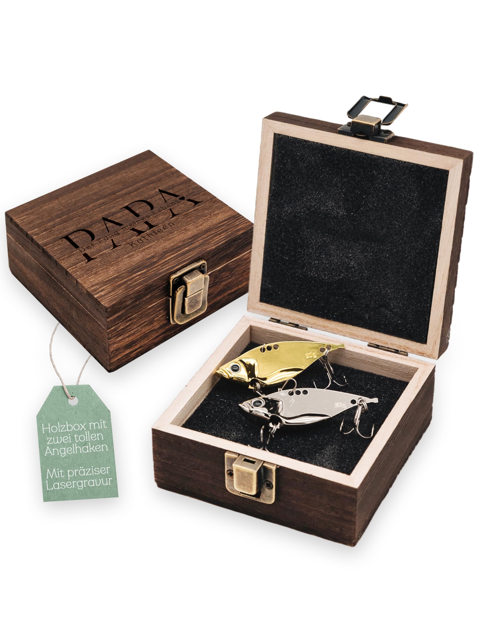 Angel Box mit Haken personalisiert, Geschenk Vater Sohn, Angelhaken, Angeln, Geschenke für Angler, Angelköder, Köderbox als Geburtstagsgeschenk mit Namen (Fang meines Lebens)