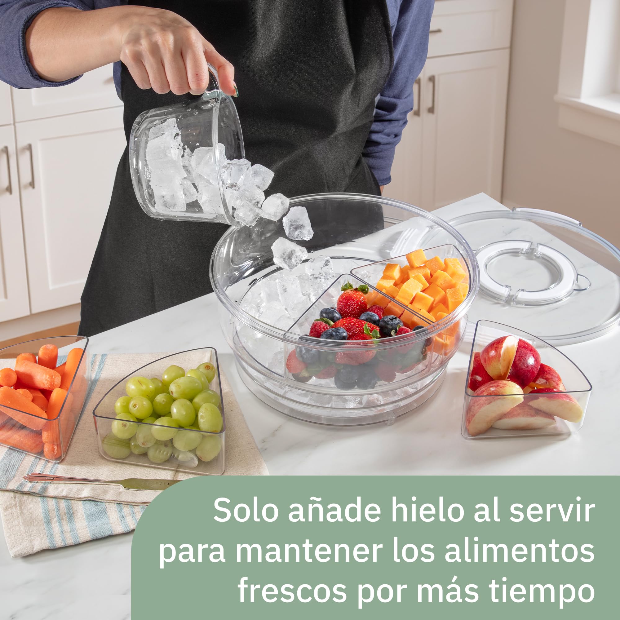 UCO Bandejas para Servir Comida 28,5 cm Contenedor De Alimentos con Compartimento de Hielo Bajo 5 Secciones, Organizador Nevera, Organizador Frigorífico, Bandeja Giratoria Mesa (Redonda)