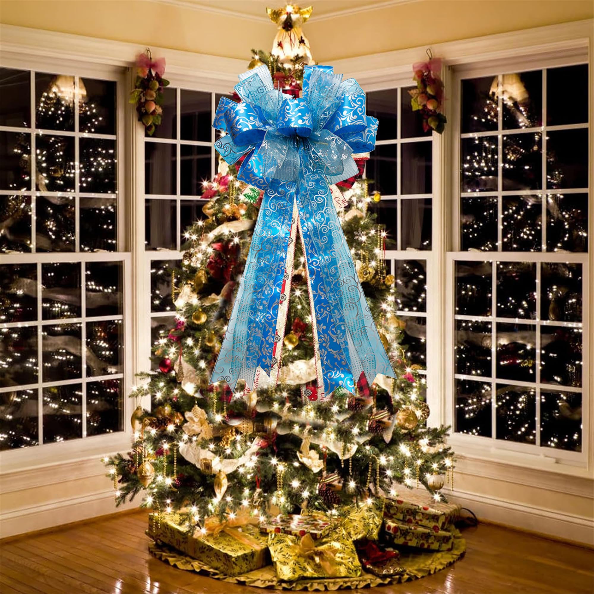 Christmas Tree Topper,30x13 Inches Large Toppers Bow with Streamer Wired Edge for Christmas Decoration (Blue, 30x13inch) - Image 4