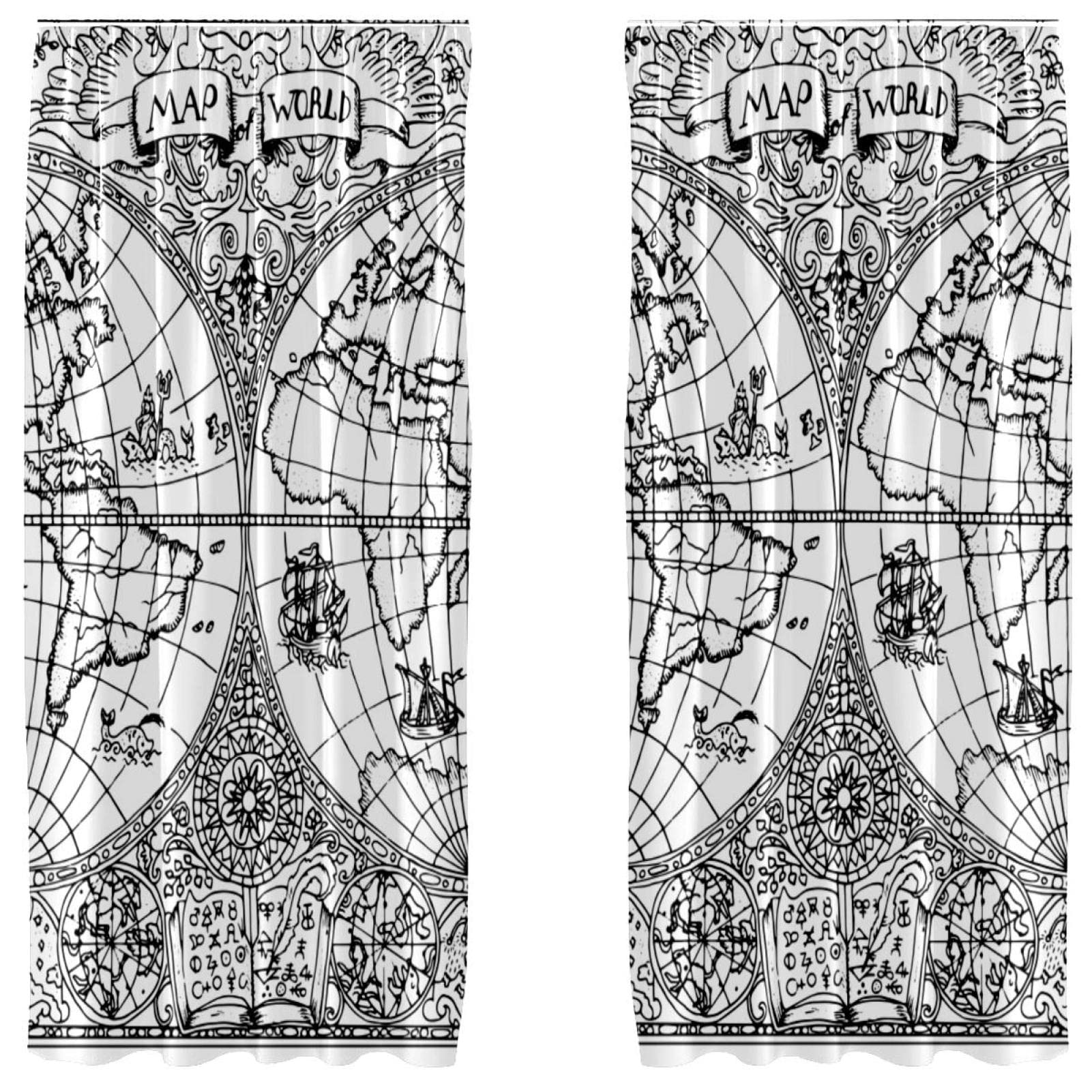 Rideaux de fenêtre vintage carte du monde nautique 140x213 cm rétro