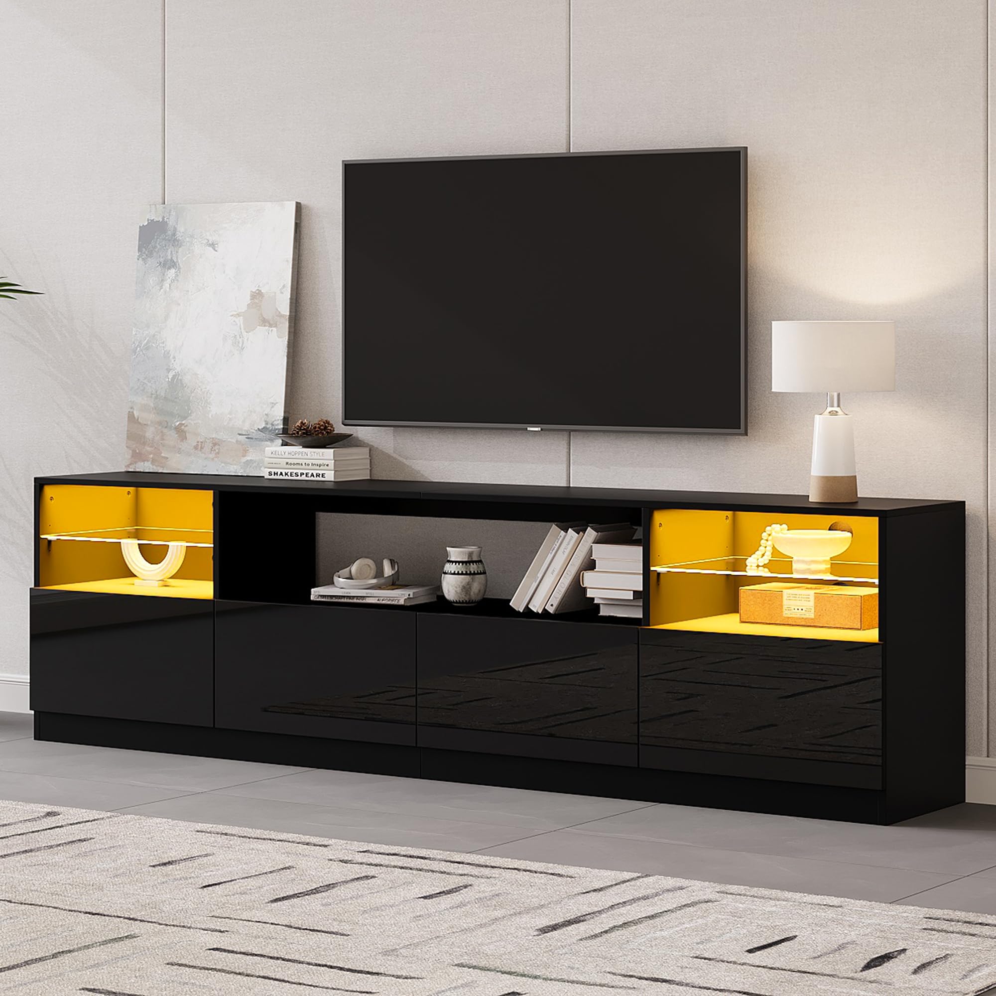 Armoire de Télévision,Meuble TV avec Ambiance Lumineuse,Support Télé,4 Portes,5 Etagères Ouvertes,2 Verre Réglable,Longueur 180cm,Meuble Télé de Salon,pour Télévision jusqu'à 75 Pouces