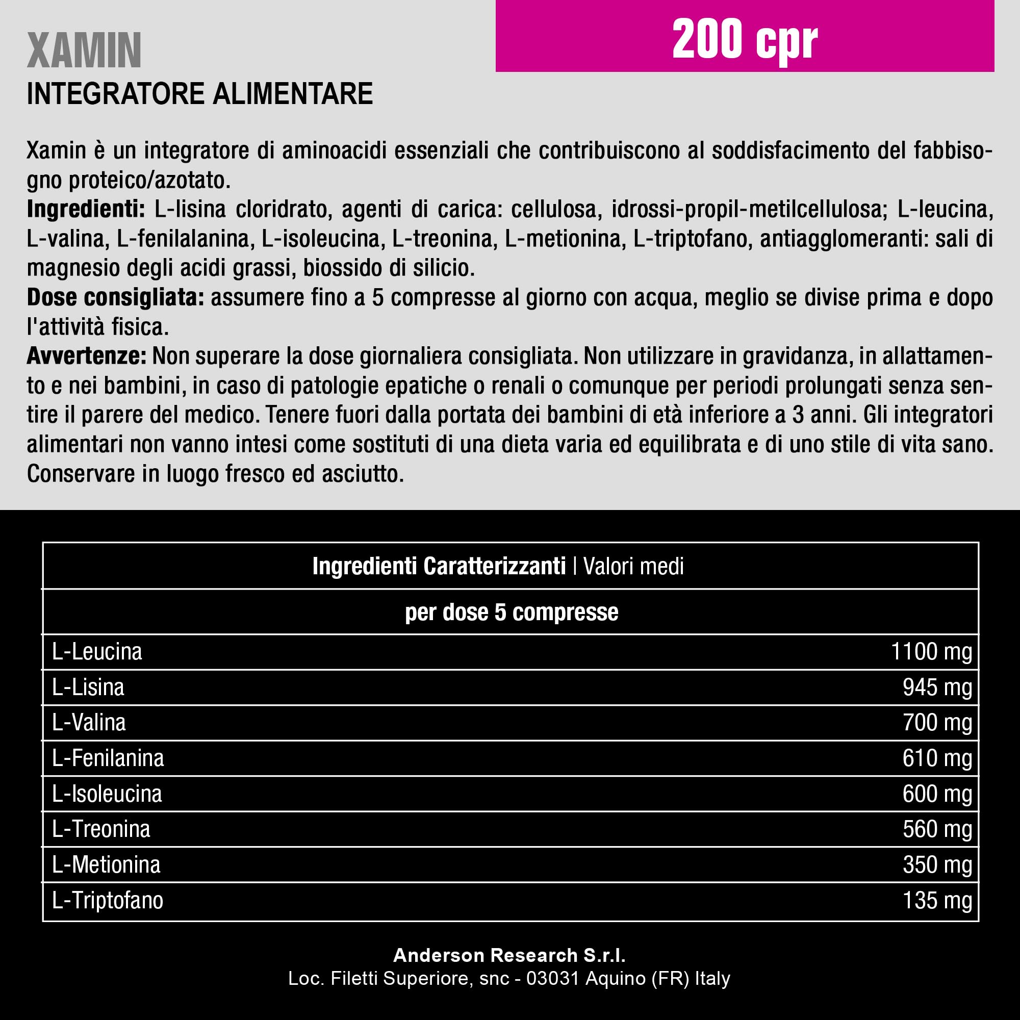 Anderson Research Xamin Integratore, Aminoacidi Essenziali, 200 Compresse