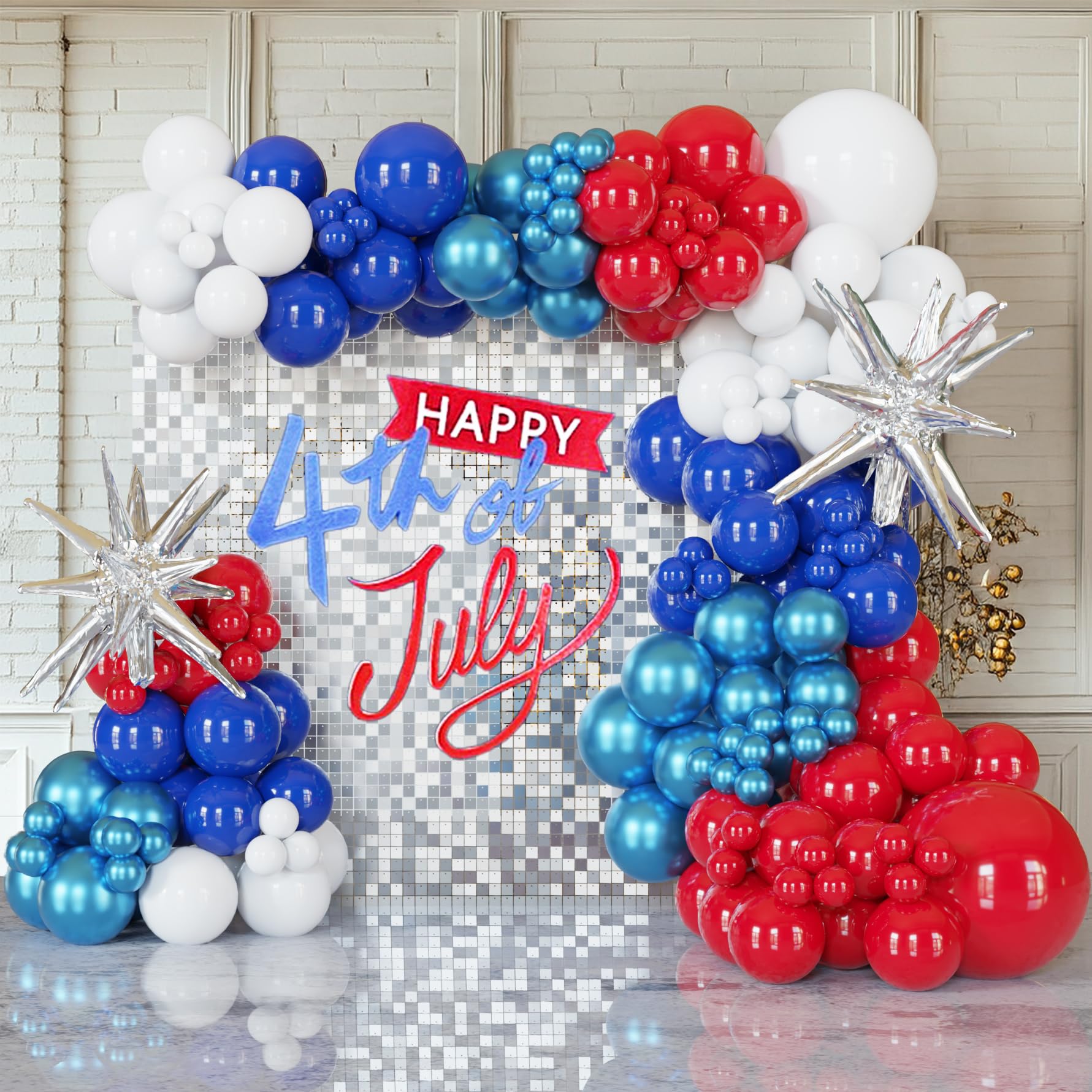 PartyXpress 148PCS Red Blue White Balloon Arch Garland Kit with Silver Star Foil Balloons for Patriotic Party, 4th of July Decorations, Graduation,