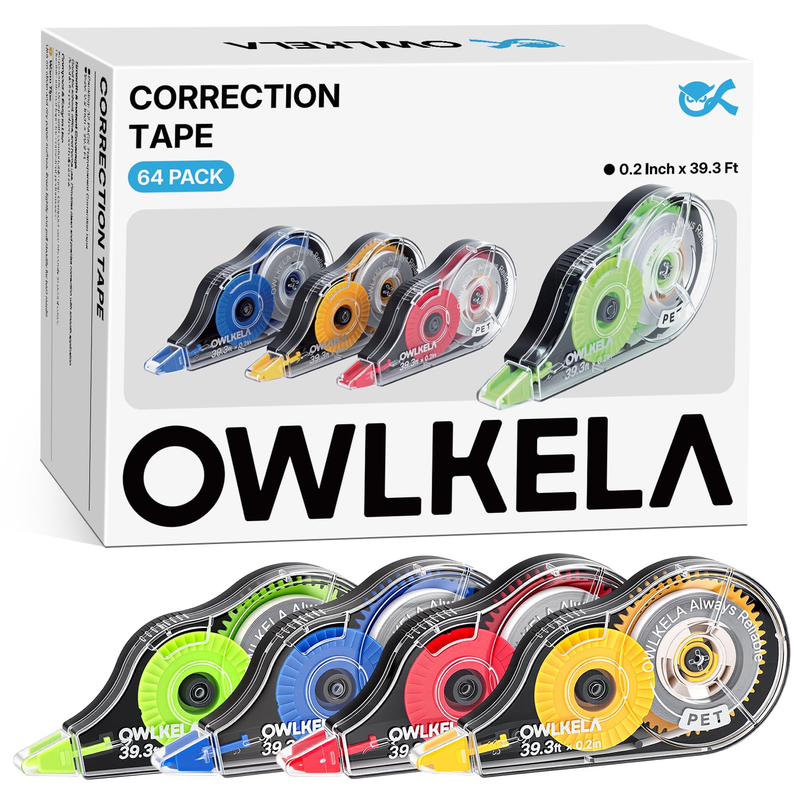 OWLKELA 64 cintas correctoras, 39.3 pies, núcleo de color | Sin tiempo de secado, resistente al desgarro, 0.2 pulgadas de ancho, ideal para la oficina y la escuela