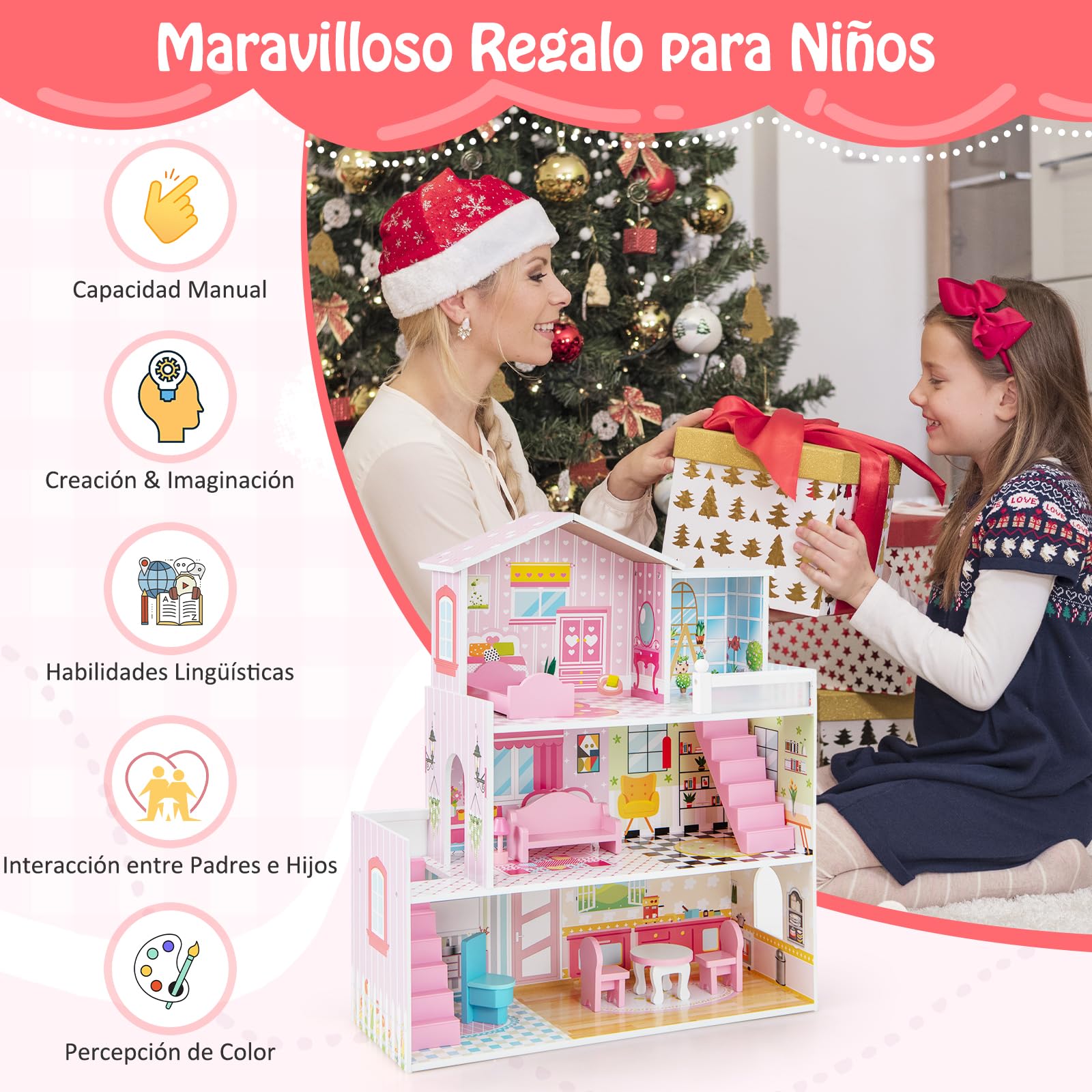GOPLUS Casa de Muñecas de Madera, Casa de Ensueño de 3 Plantas con 5 Habitaciones Simuladas, 10 Piezas de Mobiliario, Juguete Educativo de Juegos de rol, Niñas de 3-7 Años