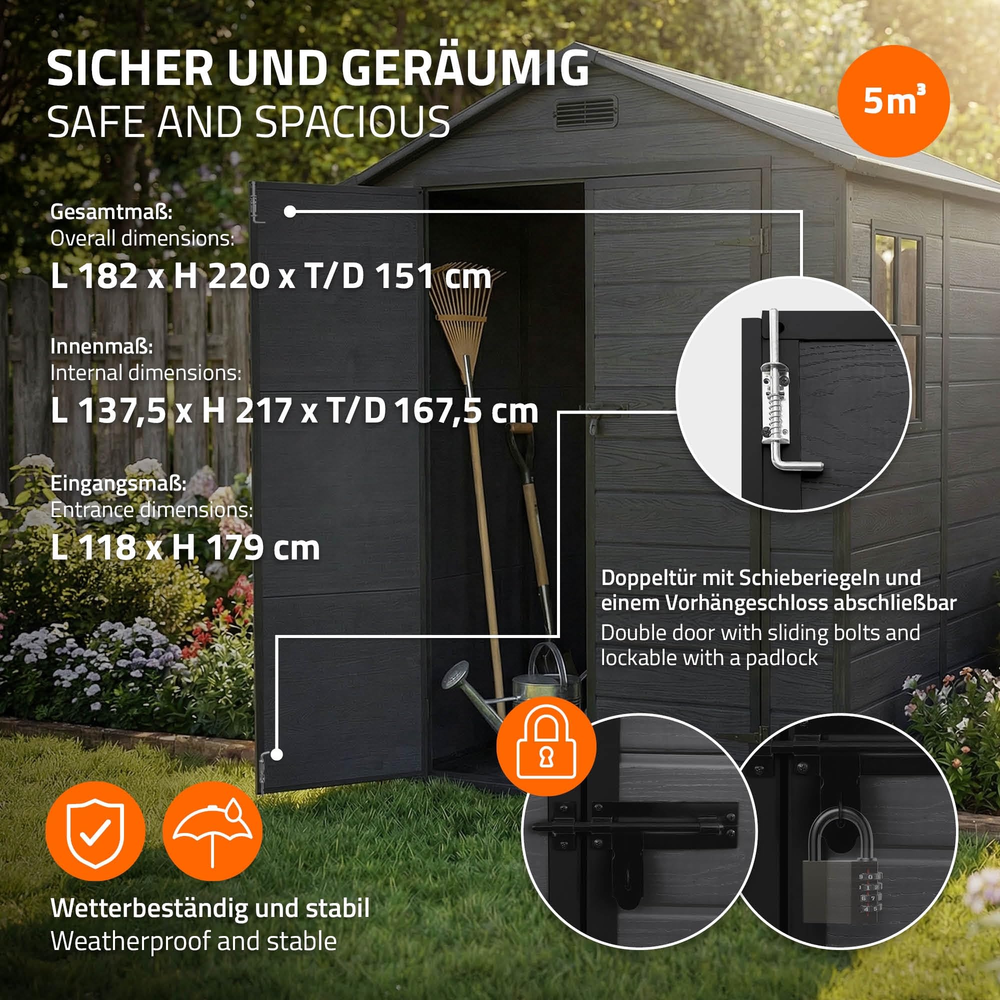 ECD Germany Caseta de Jardín con Suelo, 5m³ 151x182x220 cm, Gris Oscuro, Cobertizo Exterior de Plástico para Almacenamiento de Herramientas, con Tejado en Dos Aguas, Puerta y Ventana de Ventilación - 4