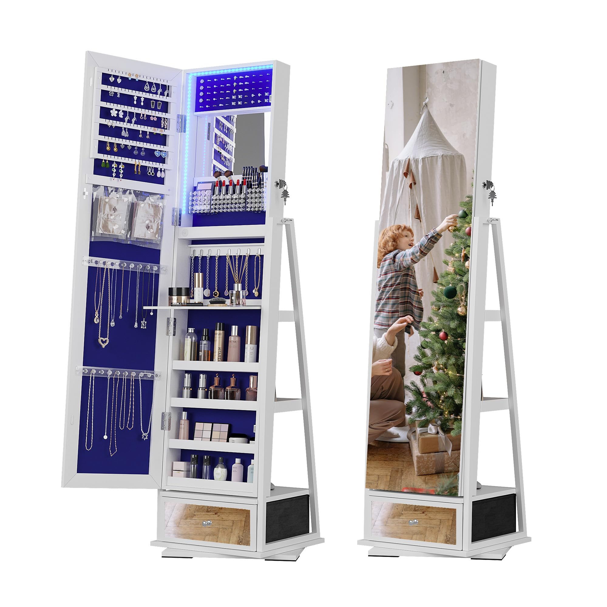 Dystler 360° Swivel Jewelry Cabinet with LED Light - Rotatable Standing Full-Length Mirror with Storage and Drawer, Lockable Jewelry Armoire Organizer for Girls/Women Gifts, White