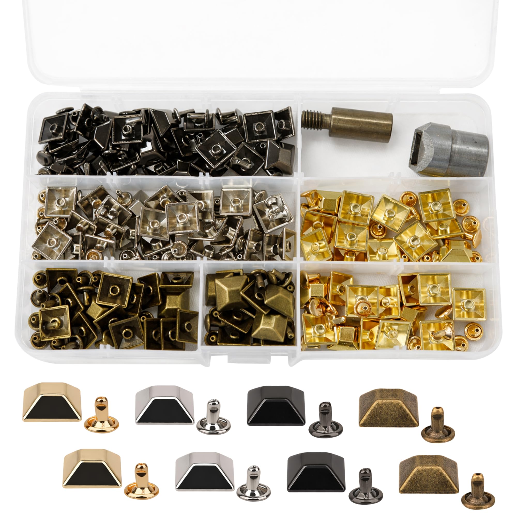 Trimming Shop Paquete de patas piramidales de 12 mm con troquel y caja de almacenamiento, 100 tachuelas de metal para bolso y bolsos, remaches inferiores de bolsa piramidal para kit de manualidades de