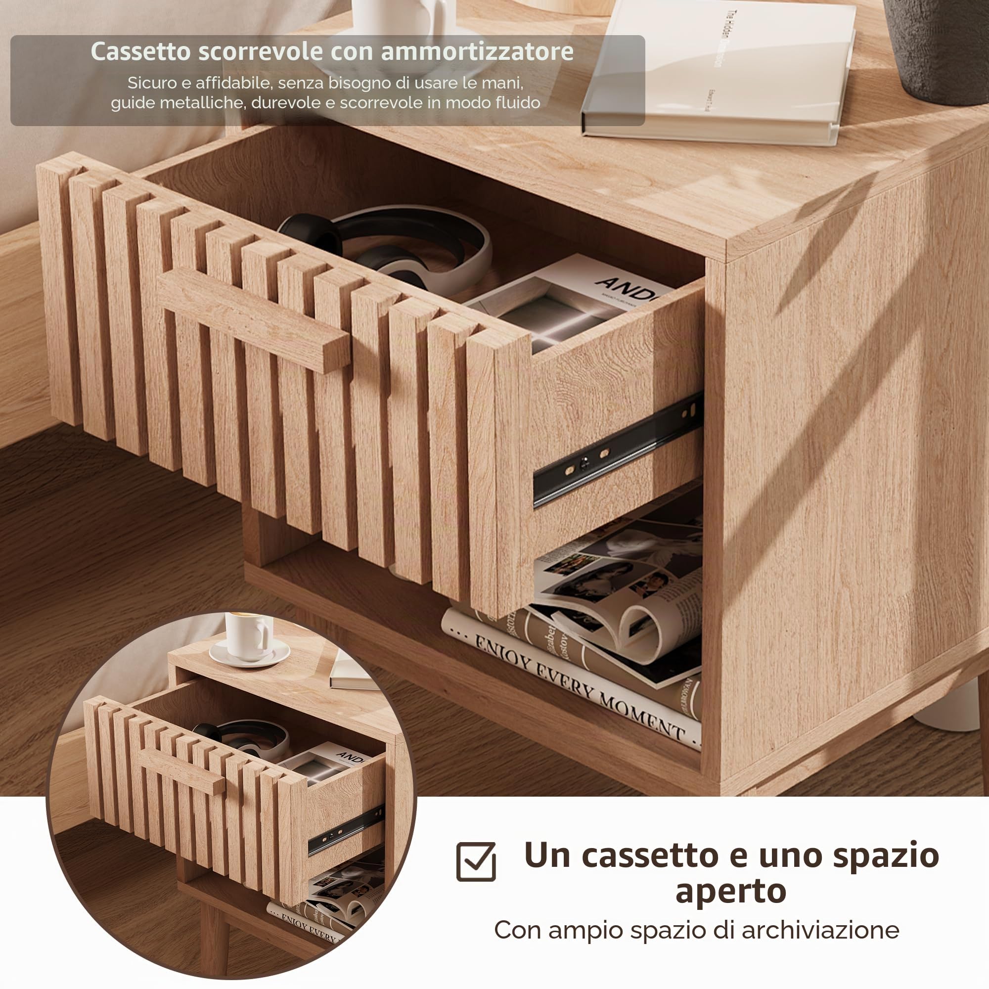 Set di 2 comodini da notte con cassetti e ripiano aperto, tavolino in legno con spazio di archiviazione, comodini moderni in stile boho per camera da letto, soggiorno, 40x35x55cm, colore