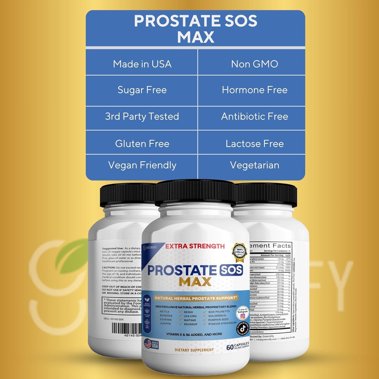 Prostate SOS Max Supplement, 60 Capsules, Natural Herbal Complex with Saw Palmetto, Vitamin E, B6, 30-Day Supply (2)