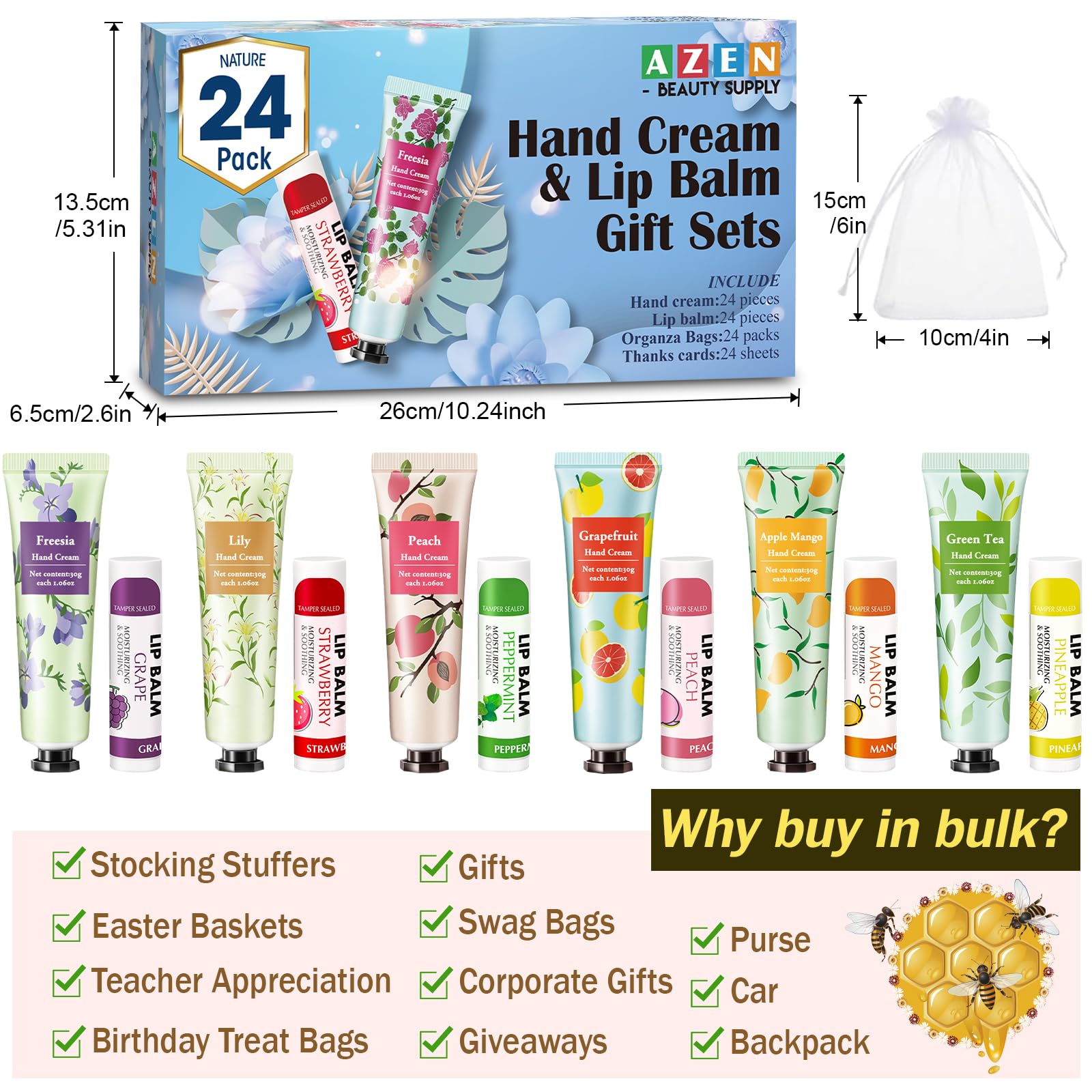 AZEN 24-teiliges Set mit Handcreme und Lippenbalsam, Großpackung mit Organza-Beutel, Dankeskarte, Brauthochzeitsgeschenke und Dankeschön-Geschenke für Gäste