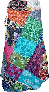Mogul Interior Wrap Around Skirts, Cotton Skirts, Pink Blue Patchwork Boho Short Skirt, Bohemian Fashion One Size