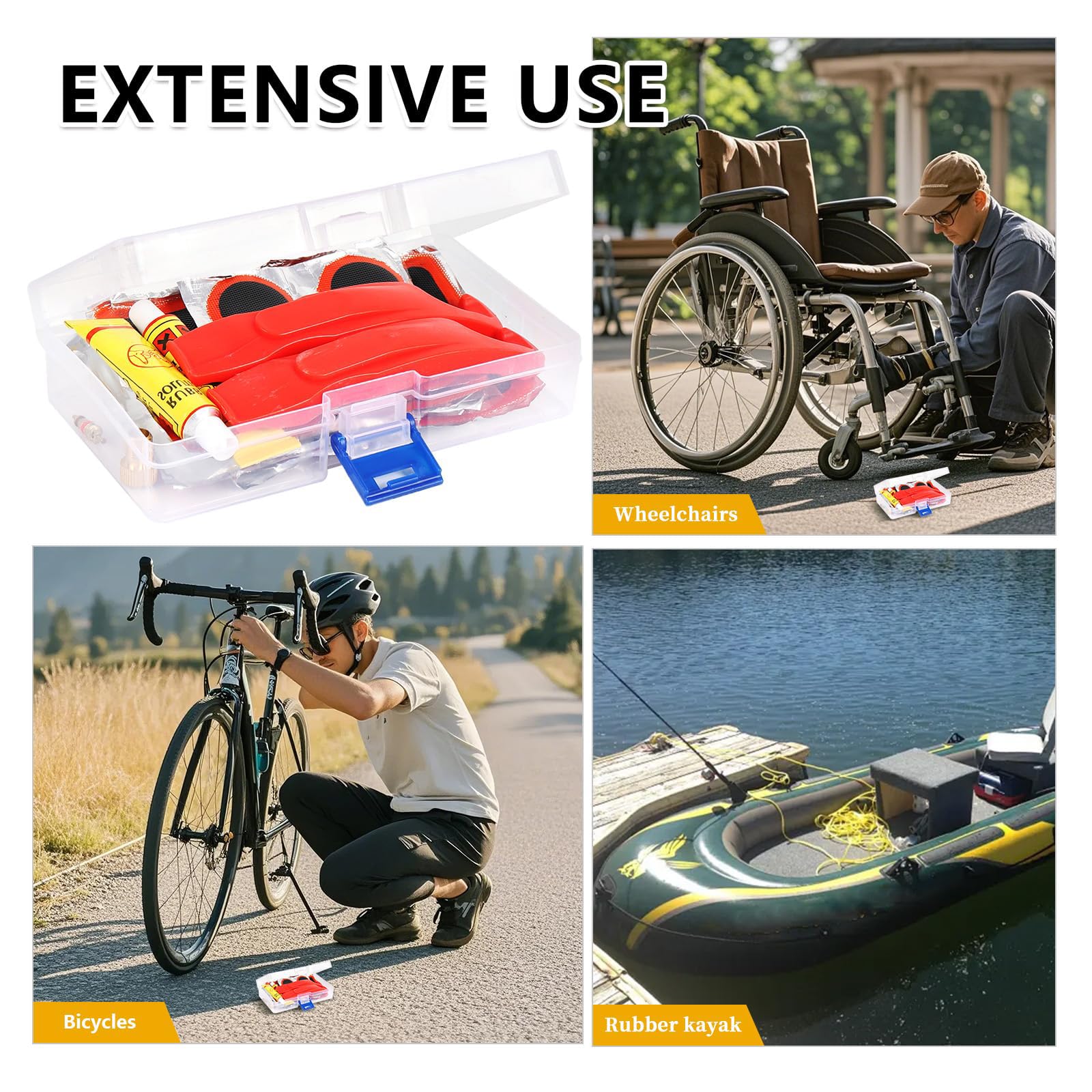 80-teiliges Fahrradreifen-Reparaturset, selbstklebendes Fahrradreifen-Patch-Set, Fahrrad-Werkzeug-Set mit tragbarer Aufbewahrungsbox und Ventilkonverter, Fahrrad-Reparatur-Set für