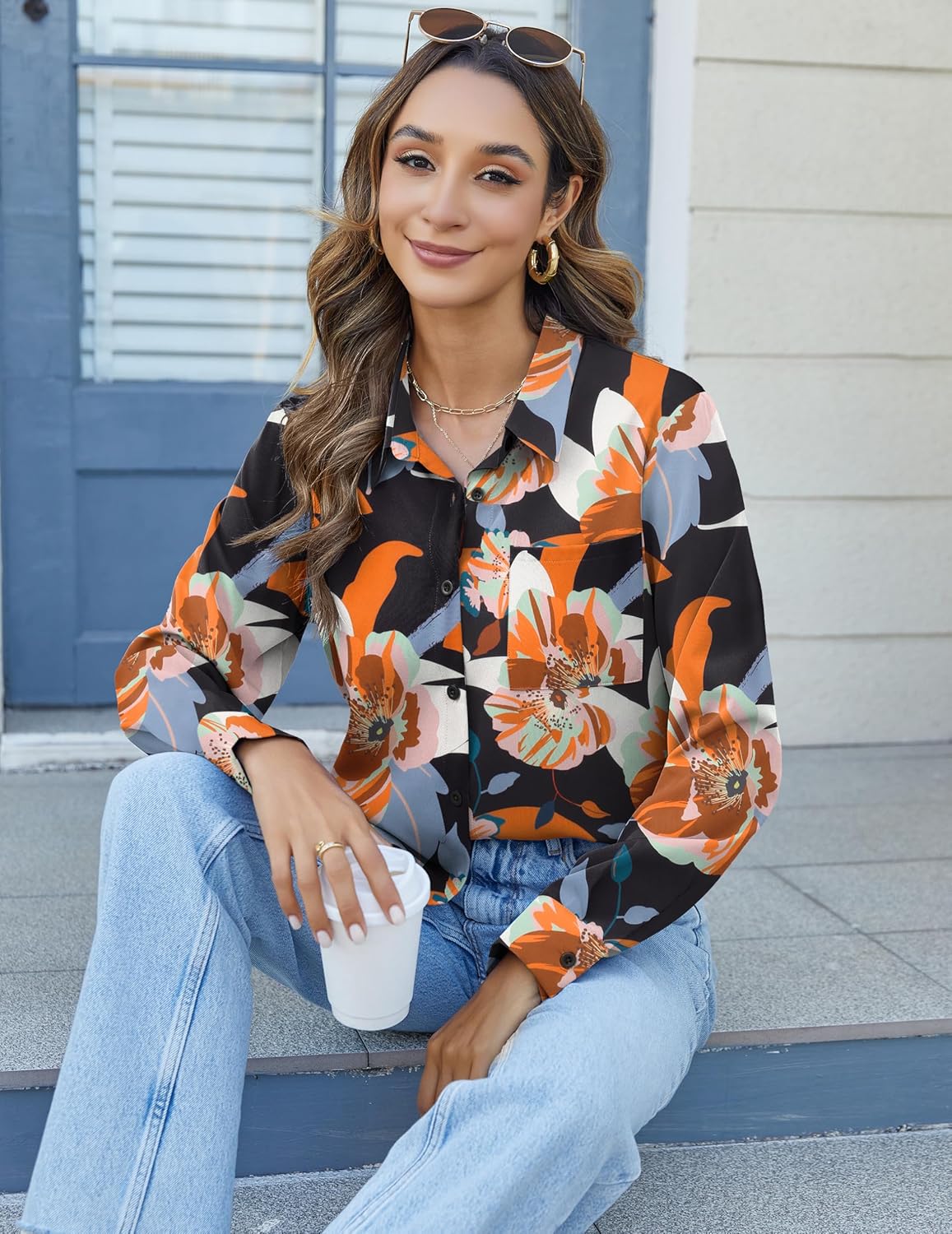 HOTOUCH Womens Button Down Shirts Long Sleeve Dress Shirts Casual V Neck Collared Tops Work Office Blouse with Pocket - Image 3