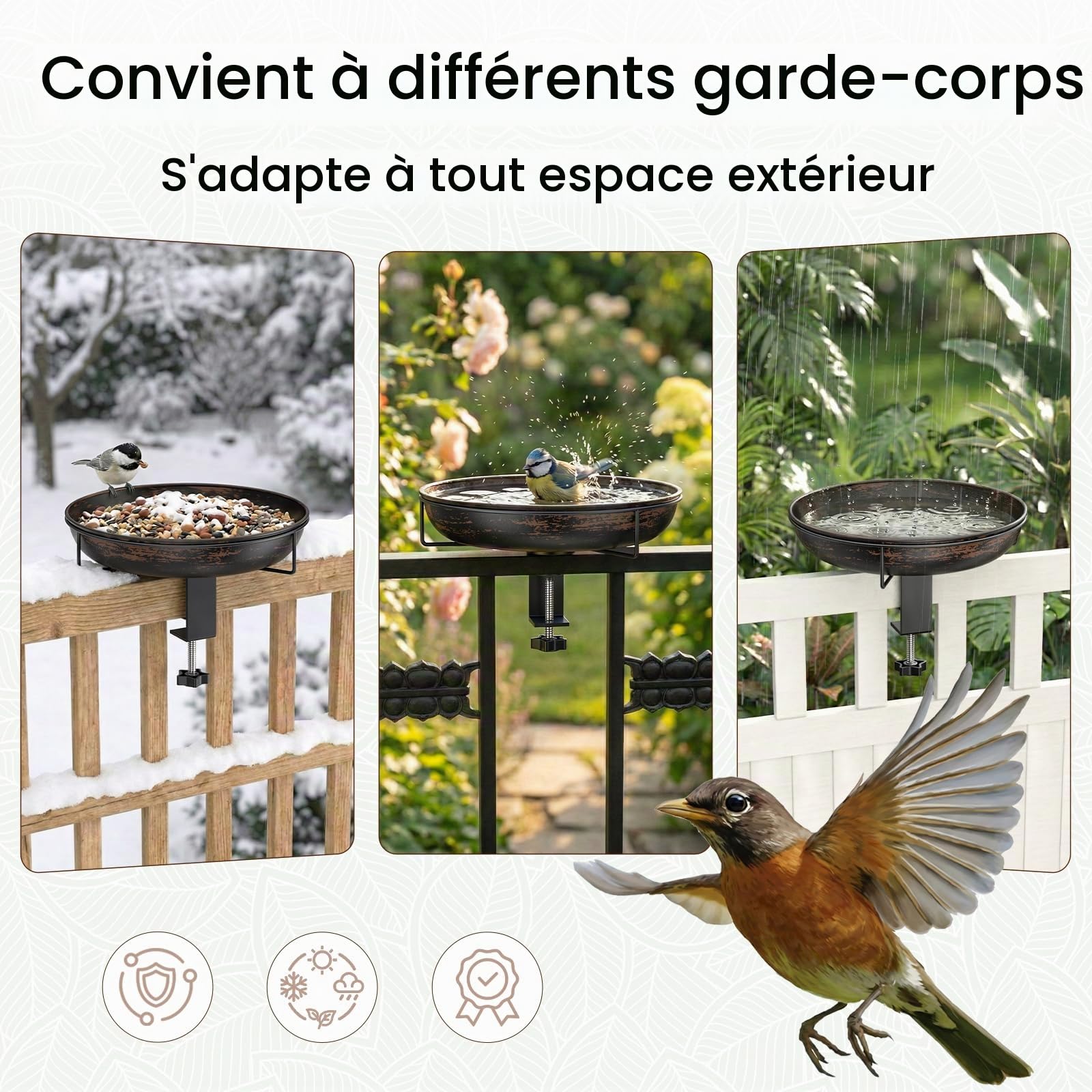 WELDUN Bain d'oiseaux suspendu pour balustrade de balcon, diamètre : 26 cm, en métal, grande capacité, antique, pour oiseaux sauvages, résistant à l'hiver, bronze vintage