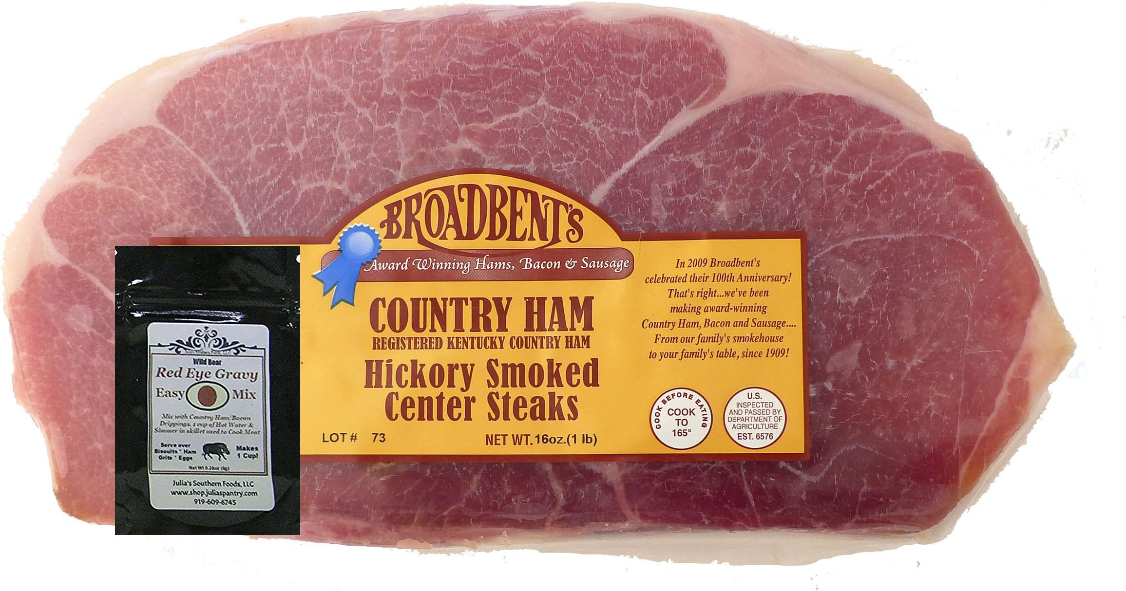 Julia's Pantry Country Ham Hickory Smoked Center Steaks 1# Package with Red Eye Gravy Sample