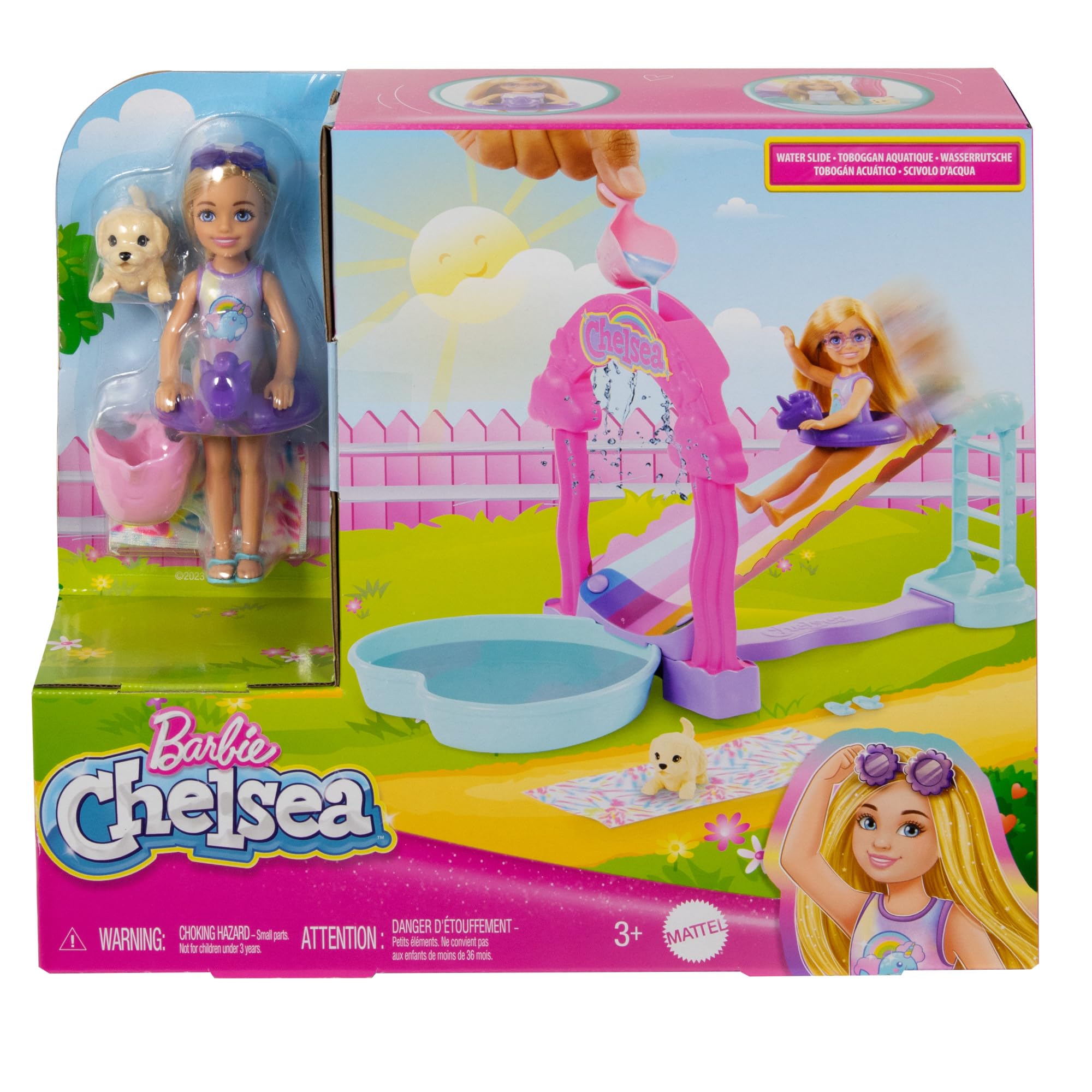 Barbie Chelsea Parque acuático tobogán arcoíris Muñeca con Set de Juego de Agua y Accesorios, Juguete +3 años (Mattel HTK39)
