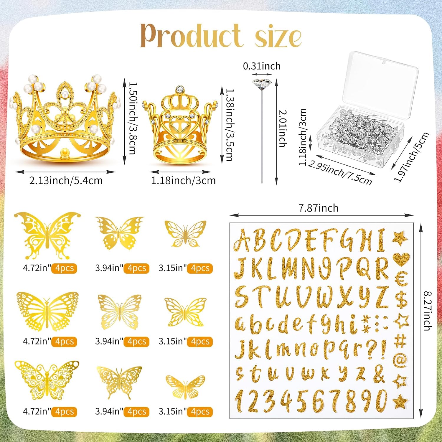 XunYee 148 Pcs Flower Bouquet Accessories Include 6 Pcs Crowns 6 Pcs Glitter Letter Stickers 36 Pcs 3D Butterflies 100 Pcs Corsage Pins for Birthday Mother's Day DIY Flower Arrangement (Gold)