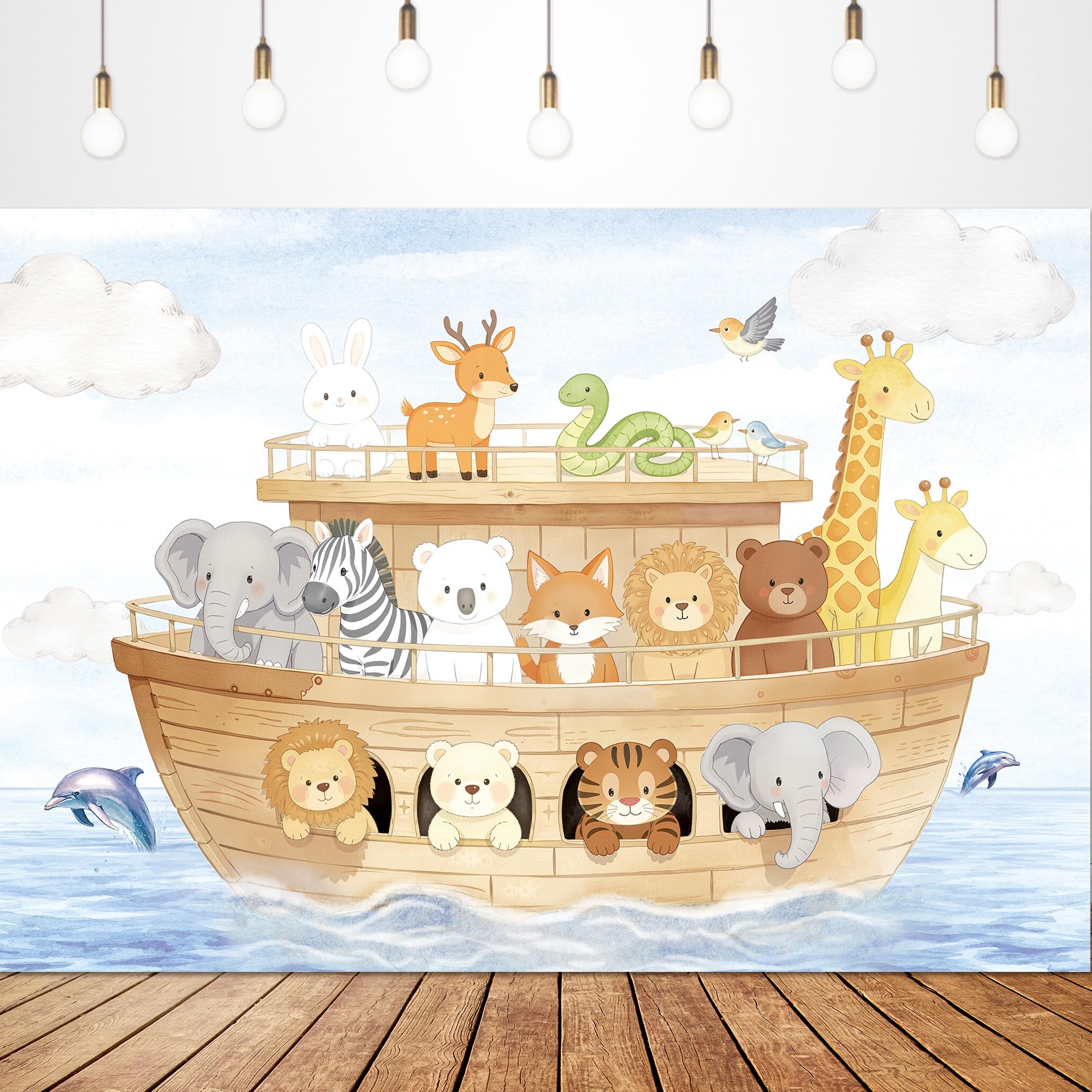 Glawry Noah's Ark Baby Shower Backdrop for Photography 7Wx5H Feet Cute Cartoon Woodland Animals Blue Ocean Lovely Clouds Newborn Kids Party