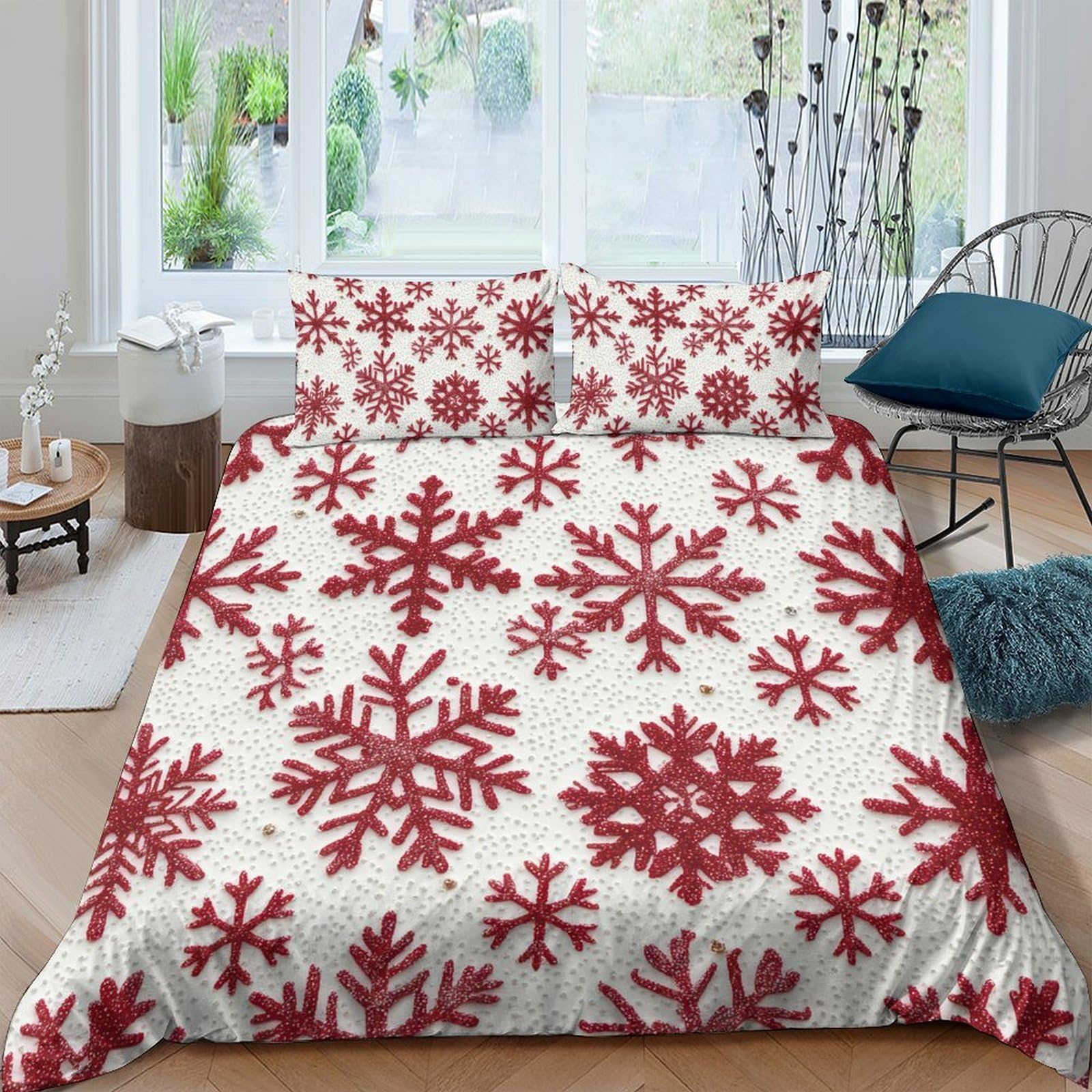 P5V6M1Q9 3D Printed Red Snowflake Duvet Cover Microfiber Breathable Bedding Set with 2 Pillowcases for Bedroom Decor Single（135x200cm）