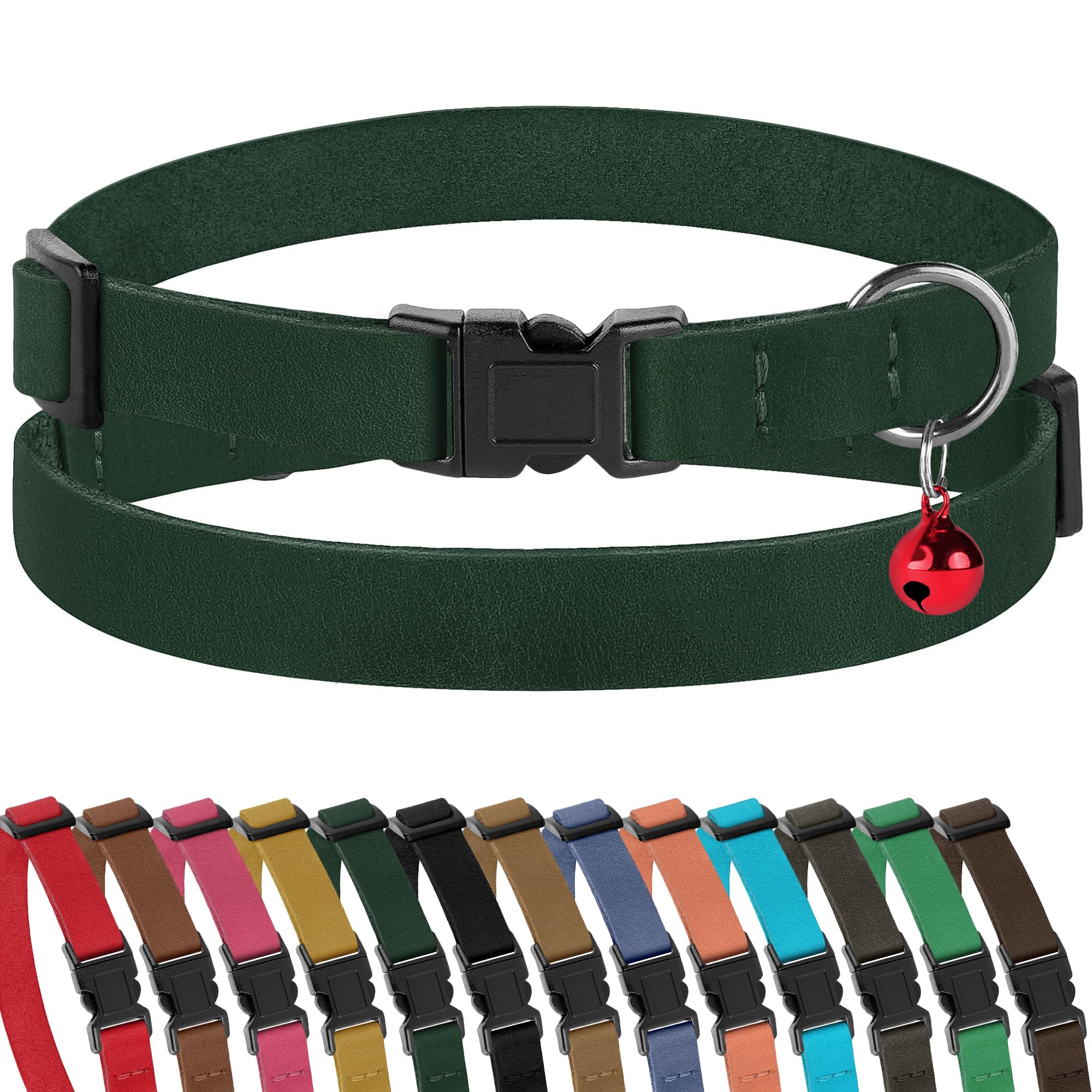Muromto Breakaway Cat Collar Leather Soft Adjustable Pet Kitten Collars with Bell Pink Brown Blue Green Red (Emerald)
