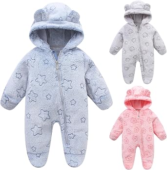 Newborn Winter Snowsuit Baby Girl Boy Bear Ear Fleece Hooded Romper Infant Footie Jumpsuit Outwear Coats