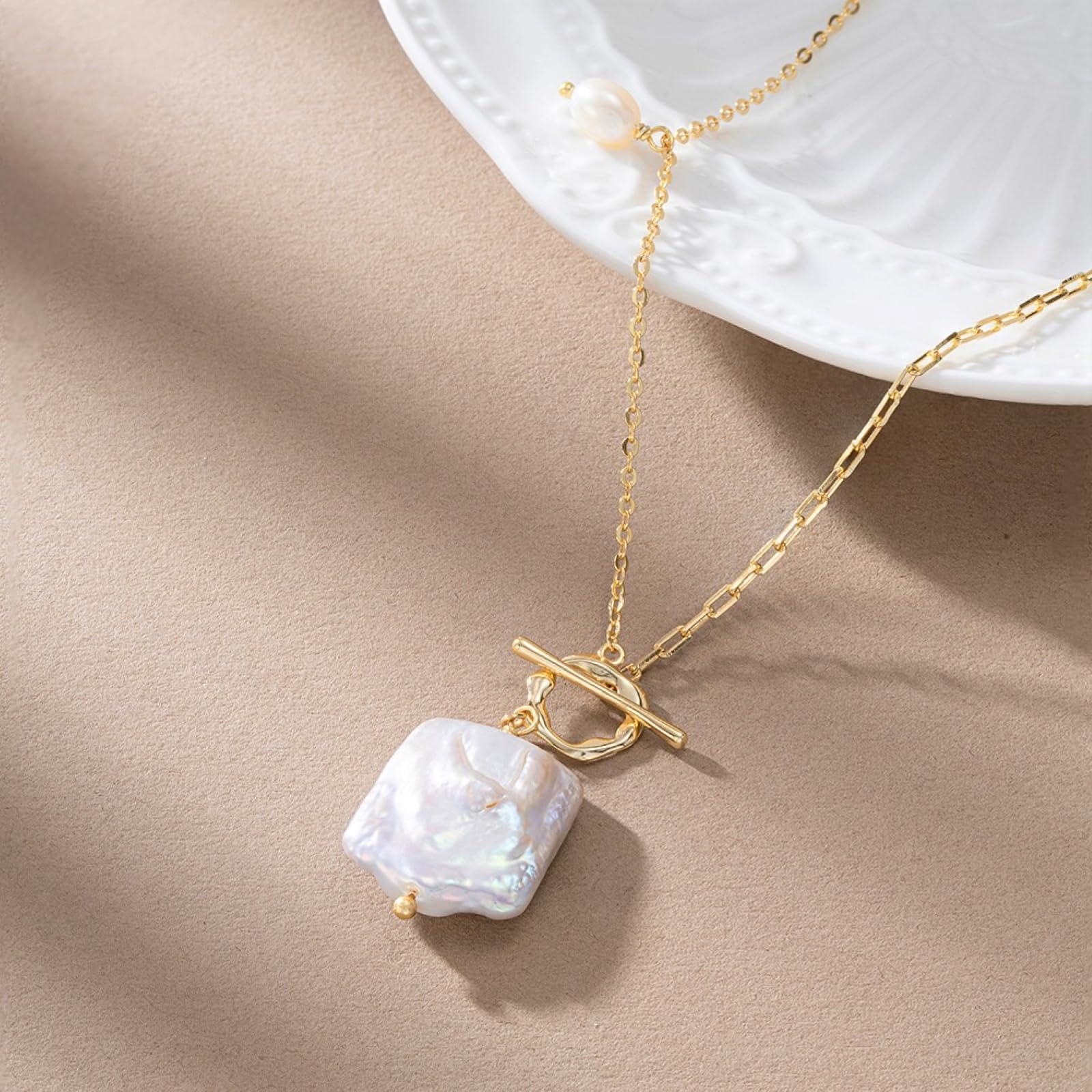 Collana STILE OT da Donna con Perle Coltivate Barocche d'Acqua Dolce, Collana Clavicola in Argento Sterling 925 Placcato in Oro 14k