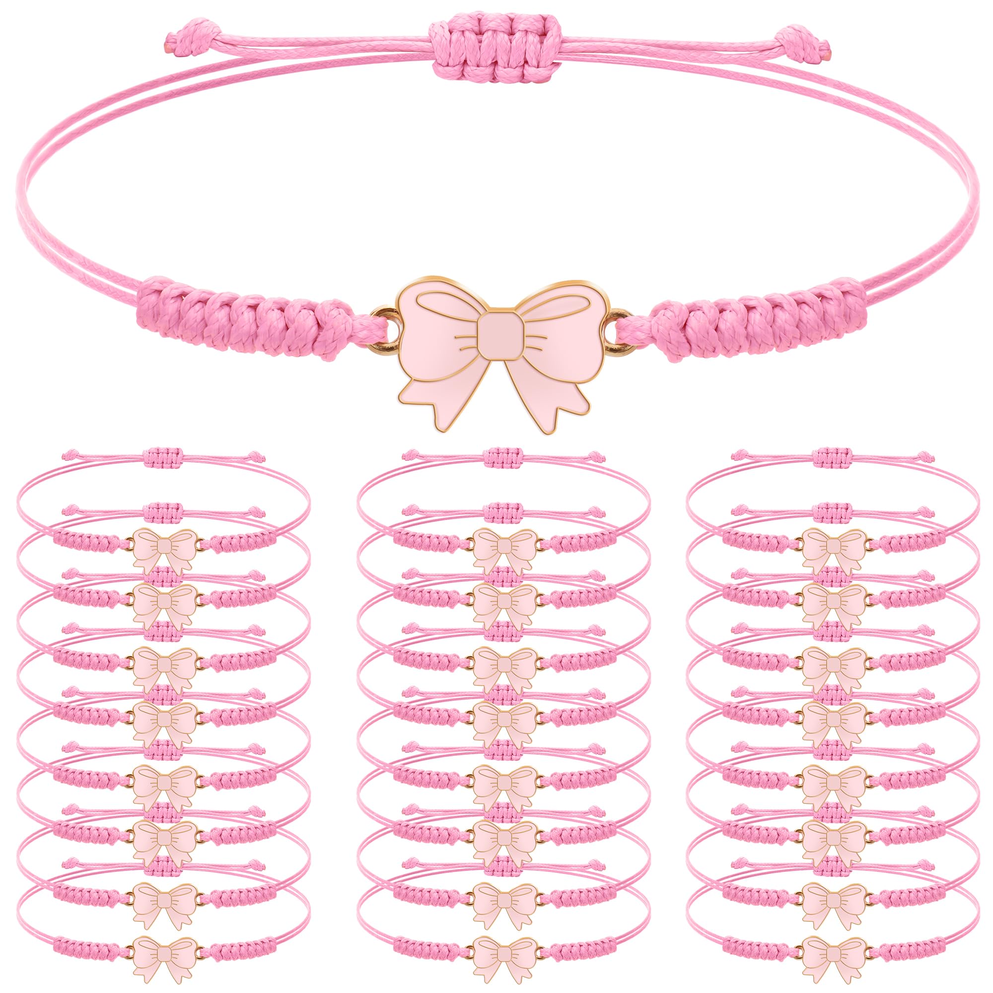 25 Pcs Pink Bow Bracelet Gifts | Adjustable Braided Rope Friendship Bracelets, Bulk Gift for Cheer Dance Team, Birthday Party Favors & Friends