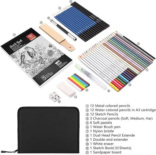 Miniatura 2 de AGPTEK Juego de 53 suministros de dibujo, lápices de arte y lápices de acuarela con estuche de lona para artistas y estudiantes