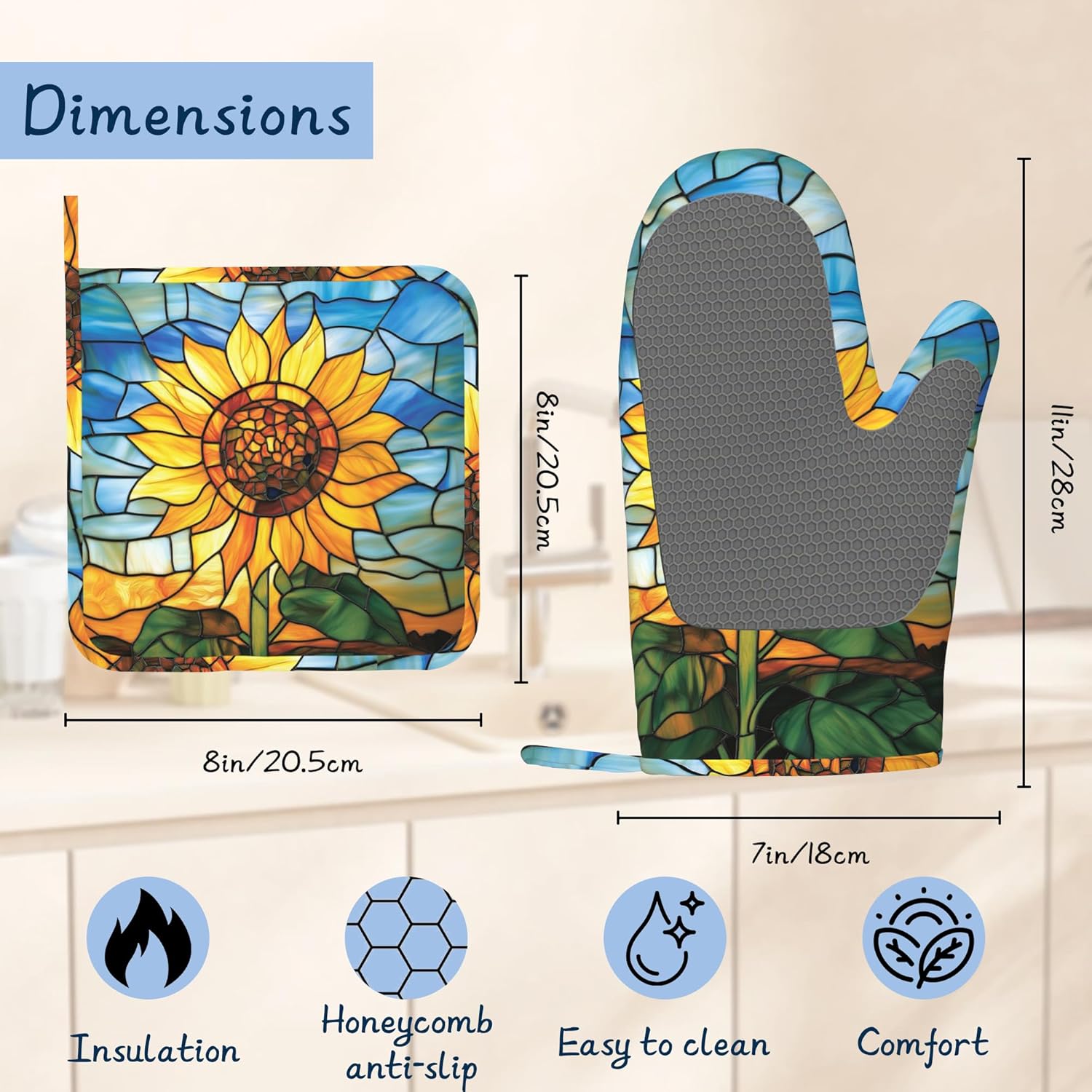 Sunflower Pot Holders and Oven Mitts,Modern Glass Painting Oven Mitts Heat Resistant Cotton Lining Anti-Slip Silicone Kitchen Mitts Set Hot Pads for Microwaves Cooking Baking Grilling