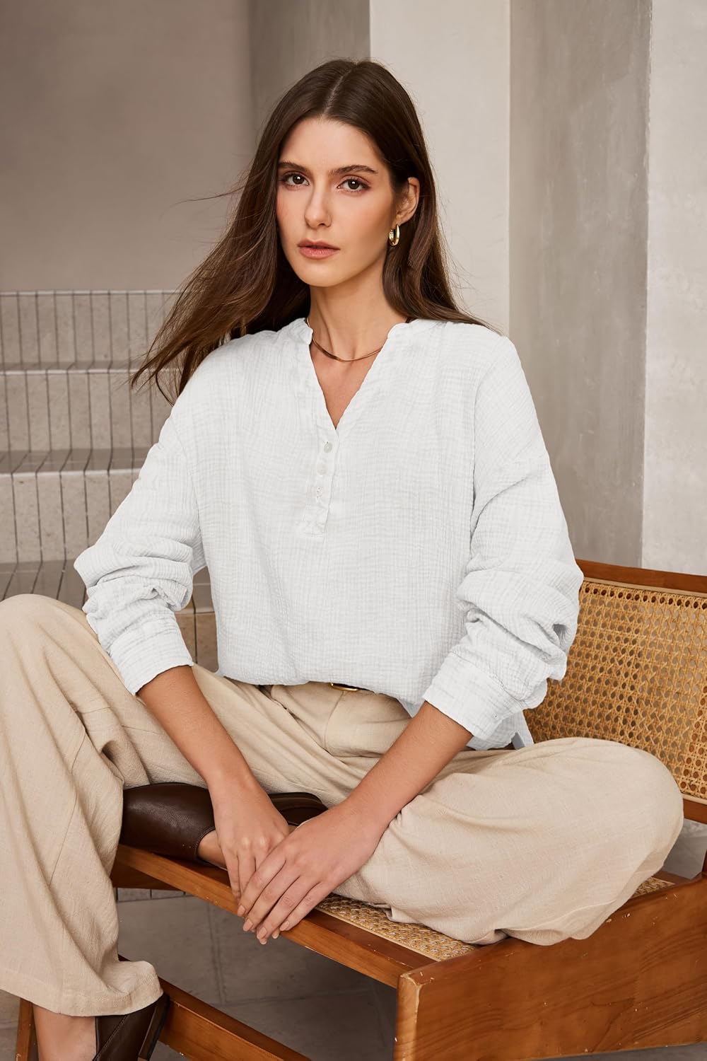 Dokotoo Womens Casual Button V Neck Long Sleeve Shirts Oversized Solid Blouses Tops - Image 4