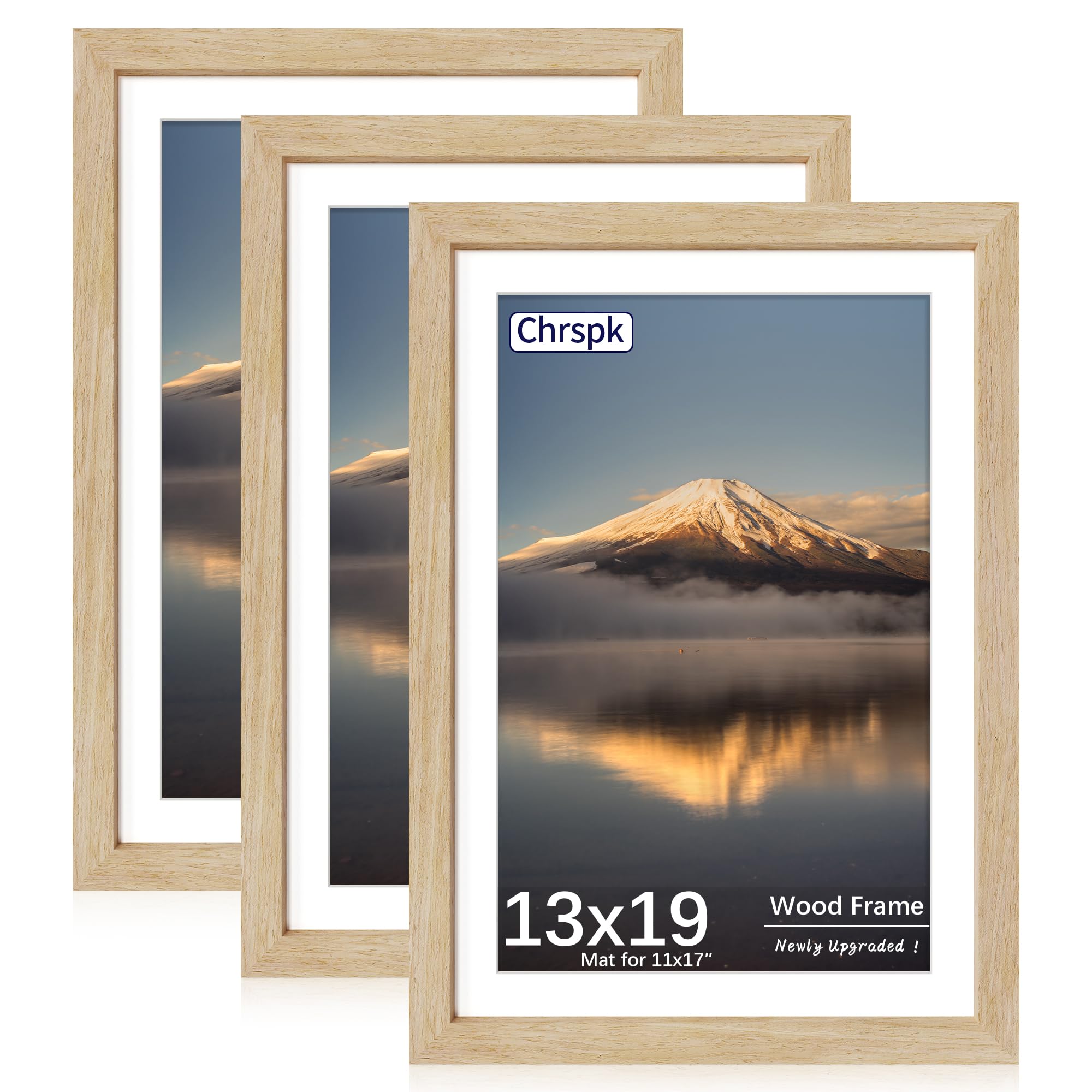 13x19 Poster Frame, Natural Oak Wood Frame with 11x17 Mat, 3 Pack