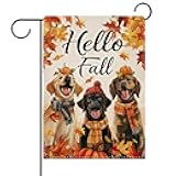 Dyrenson Hello Fall Labrador Dog Decorative Garden Flag, Autumn Maple Leaves Yard Outside Home Decoration Pet Owner Lover Gift, Pumpkin Seasonal Burlap Outdoor Small Decor Double Sided 12 x 18