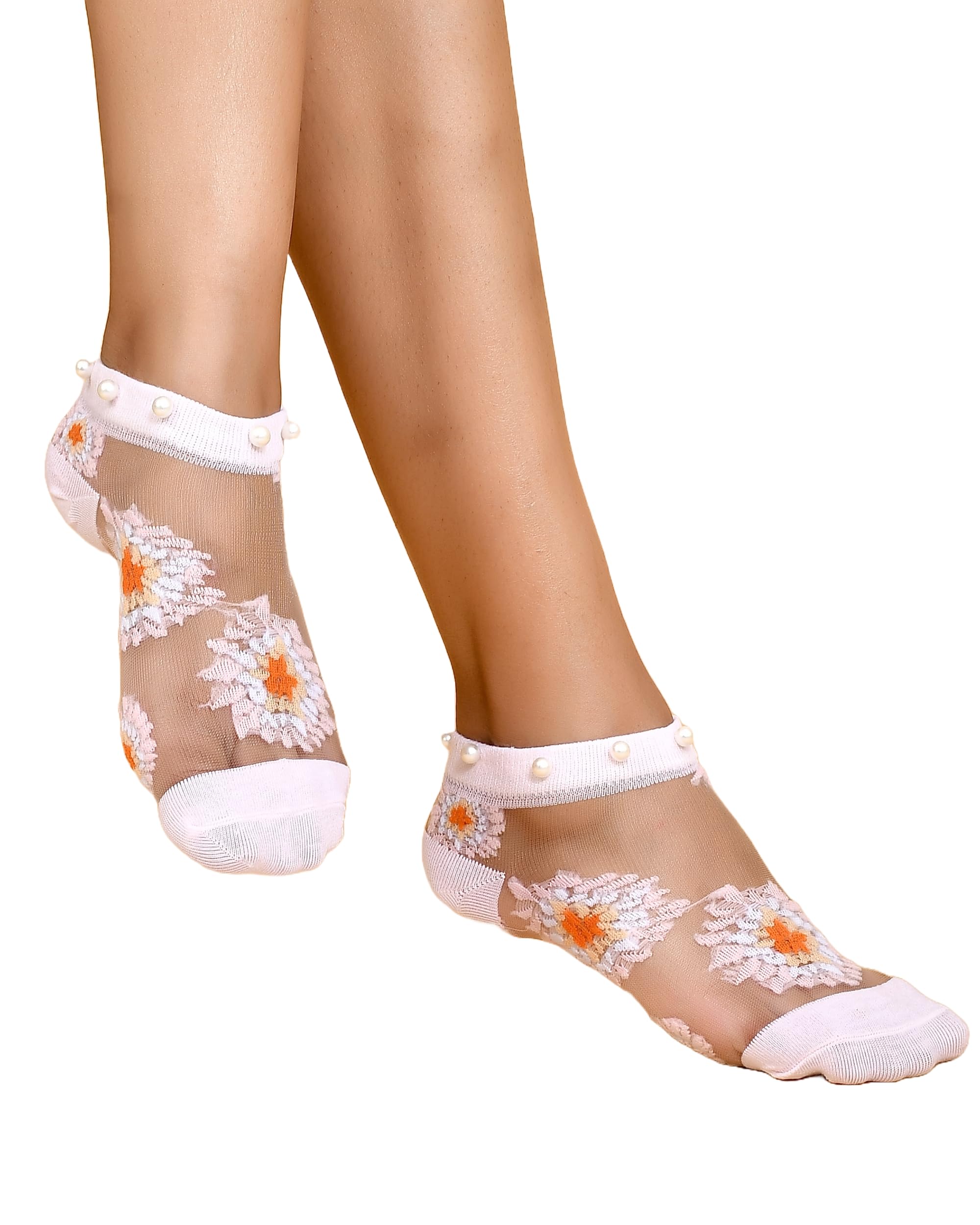 ssoshhub Multicolour Transparent Ankle Length Cotton Net Flower Pearl Socks For Women and Girls, Ankle Socks for Women, Net Socks for Women Stylish-picture-4