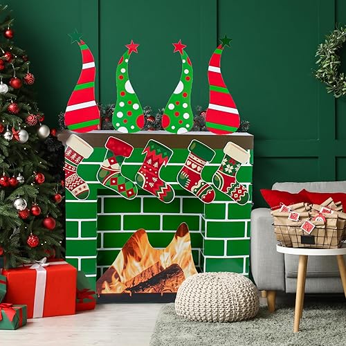 Miniatura 6 de Chimenea de cartón de Navidad para chimenea, telón de fondo 3D de ladrillo verde gigante para decoración de fiesta de Navidad, decoración de fondo,