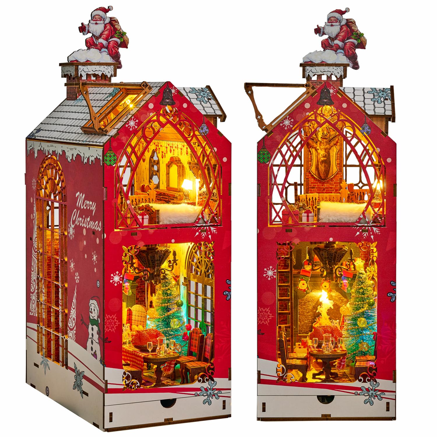 Roroom DIY Book Nook Kit, DIY Dollhouse Bookshelf Insert Decor Alley,3D Wooden Puzzle with LED Book Nook Wood Bookend Model Building Christmas Edition(SL-29)