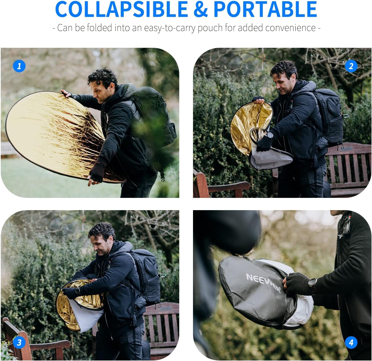Neewer 43 cale 110 cm reflektor światła 5 w 1 składany multiDisc z torbą – prześwitujący srebrny złoty biały i czarny do fotografii studyjnej i oświetlenia zewnętrznego