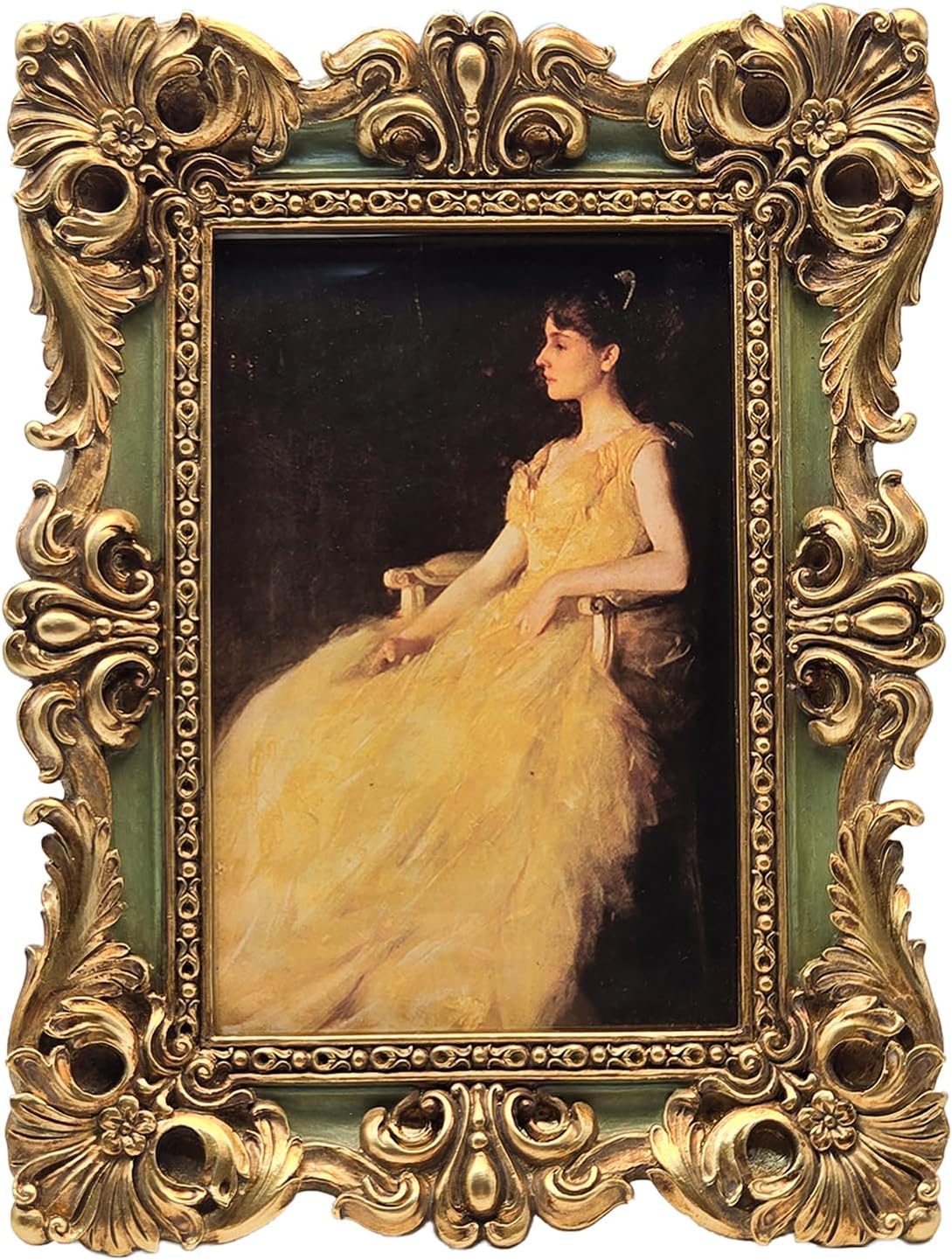 CISOO Marco de fotos vintage de 4 x 6 pulgadas, marco de fotos verde y dorado, para mesa y exhibición de pared, diseño floral decorativo, decoración